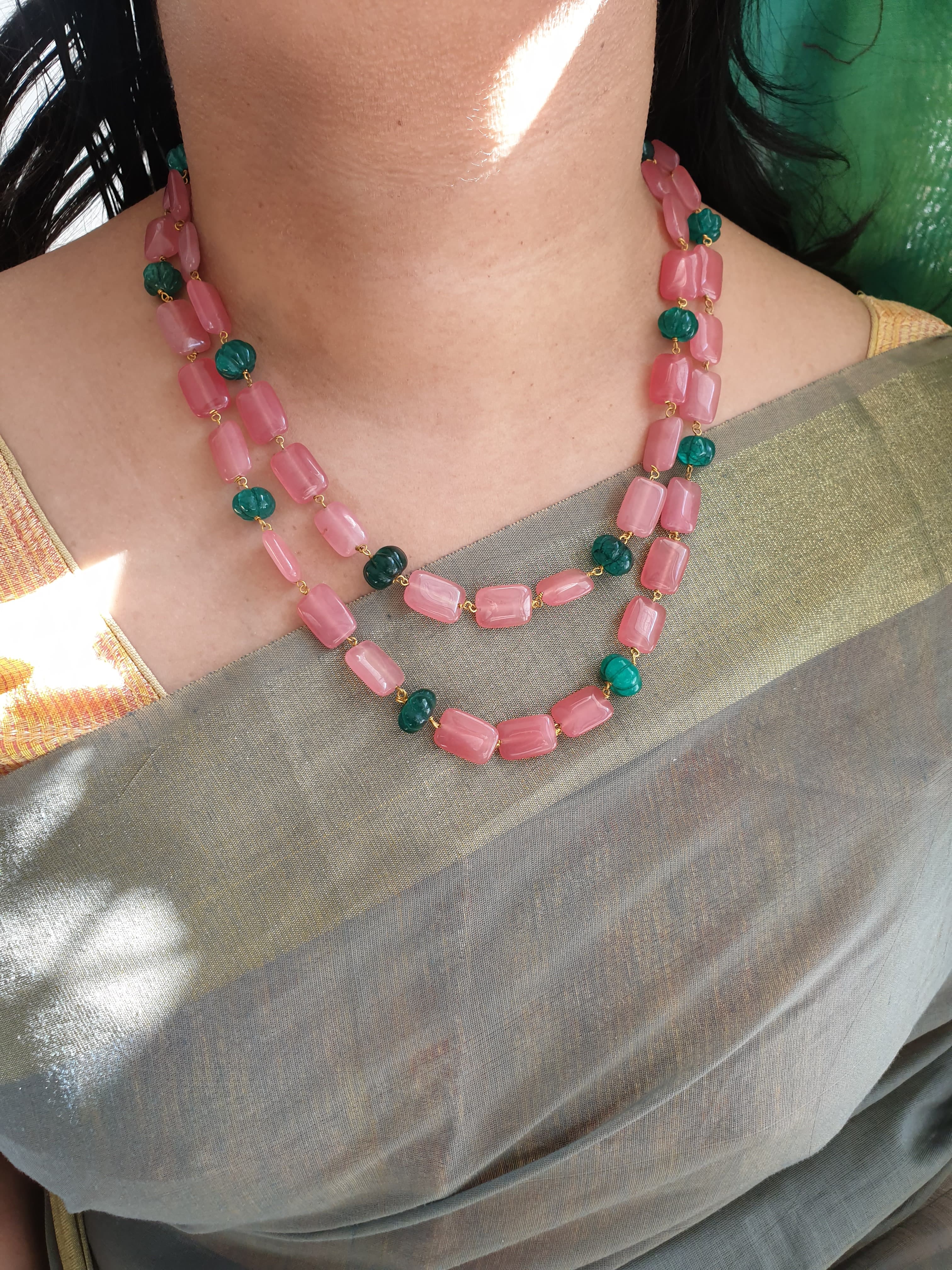 Pink Stone and Green Pumpkin Bead Necklace