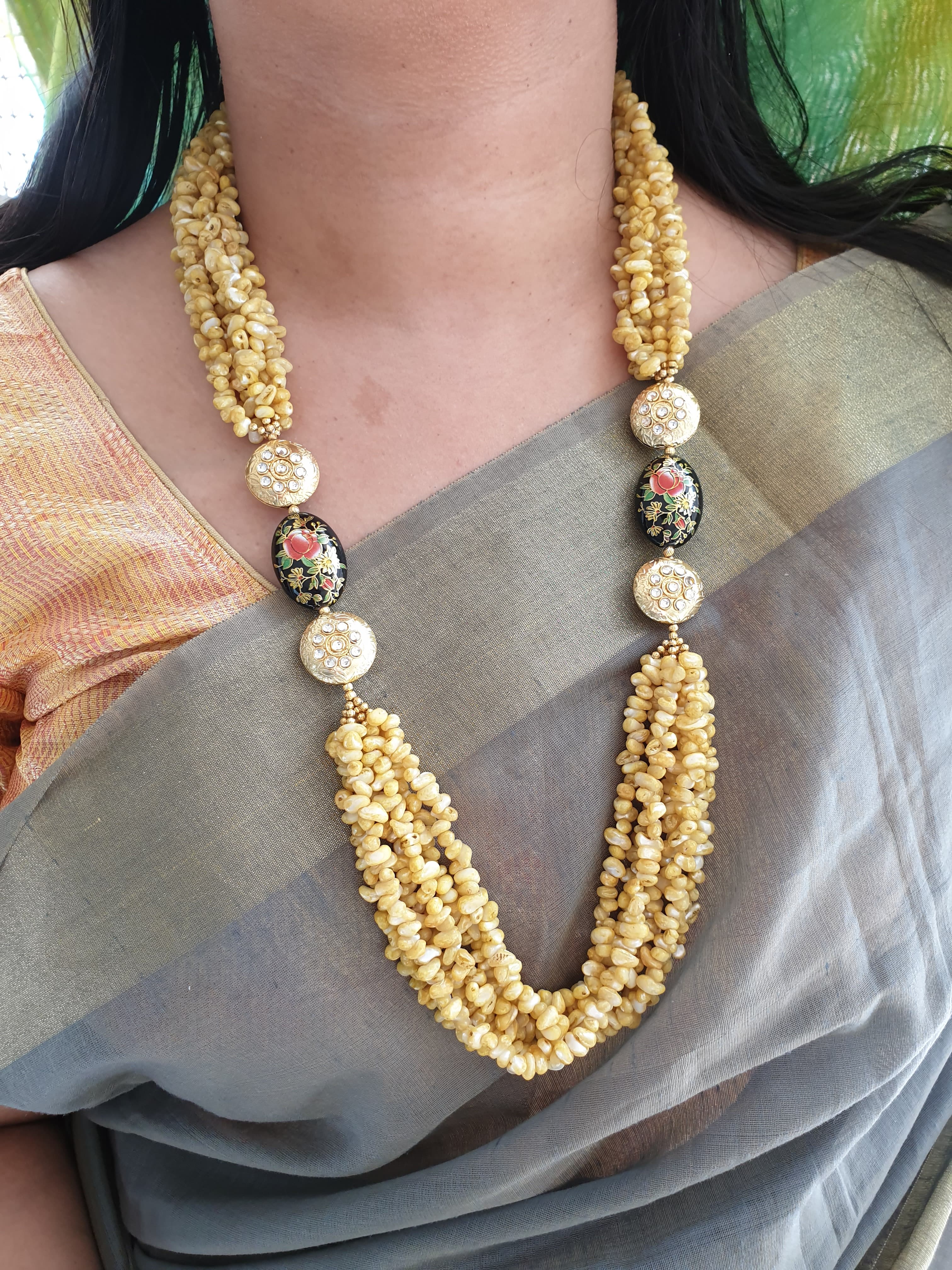 Yellow Uncut Beaded Necklace With Earrings