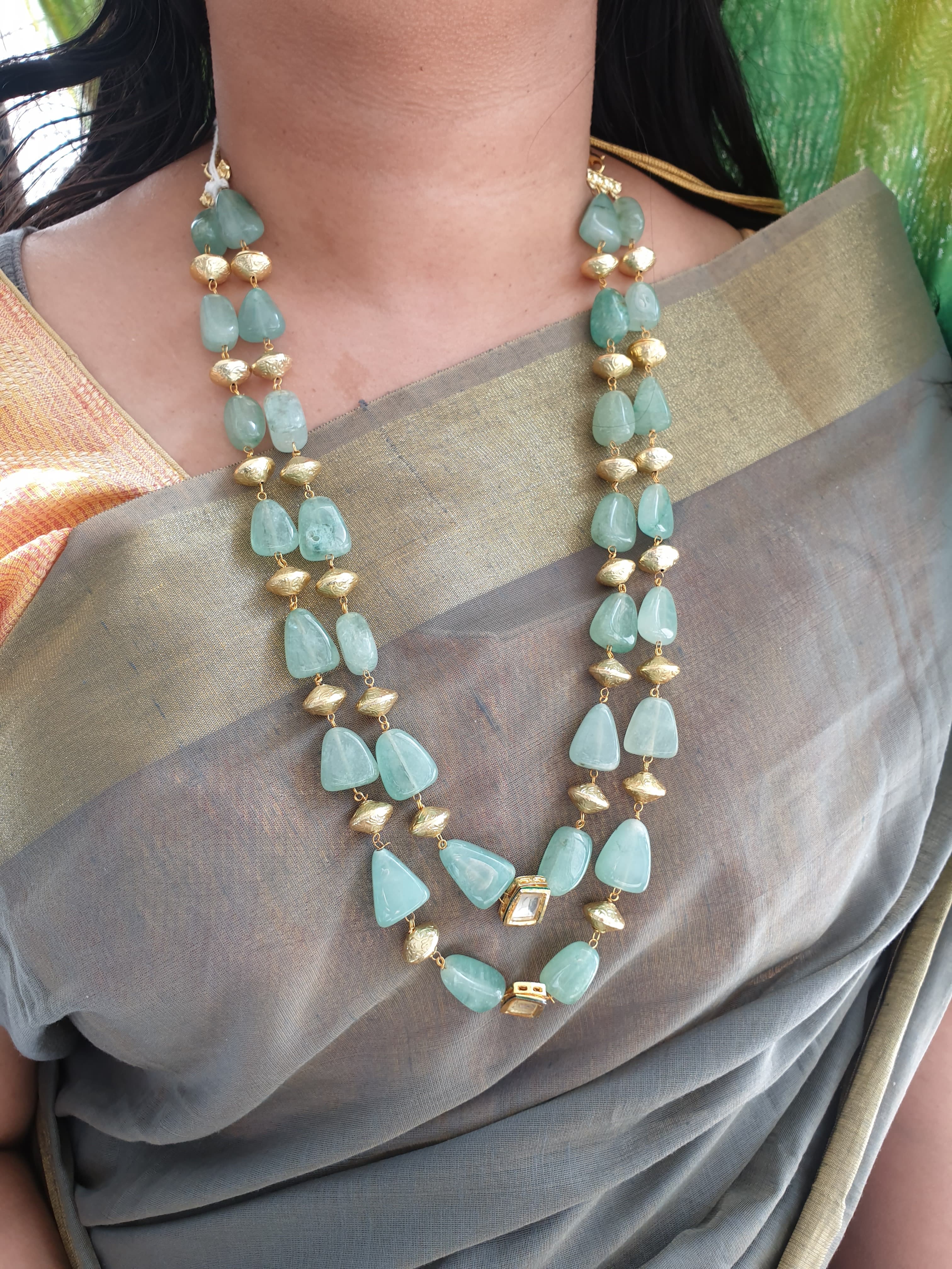 Gold Tone Green Stone Beaded Necklace