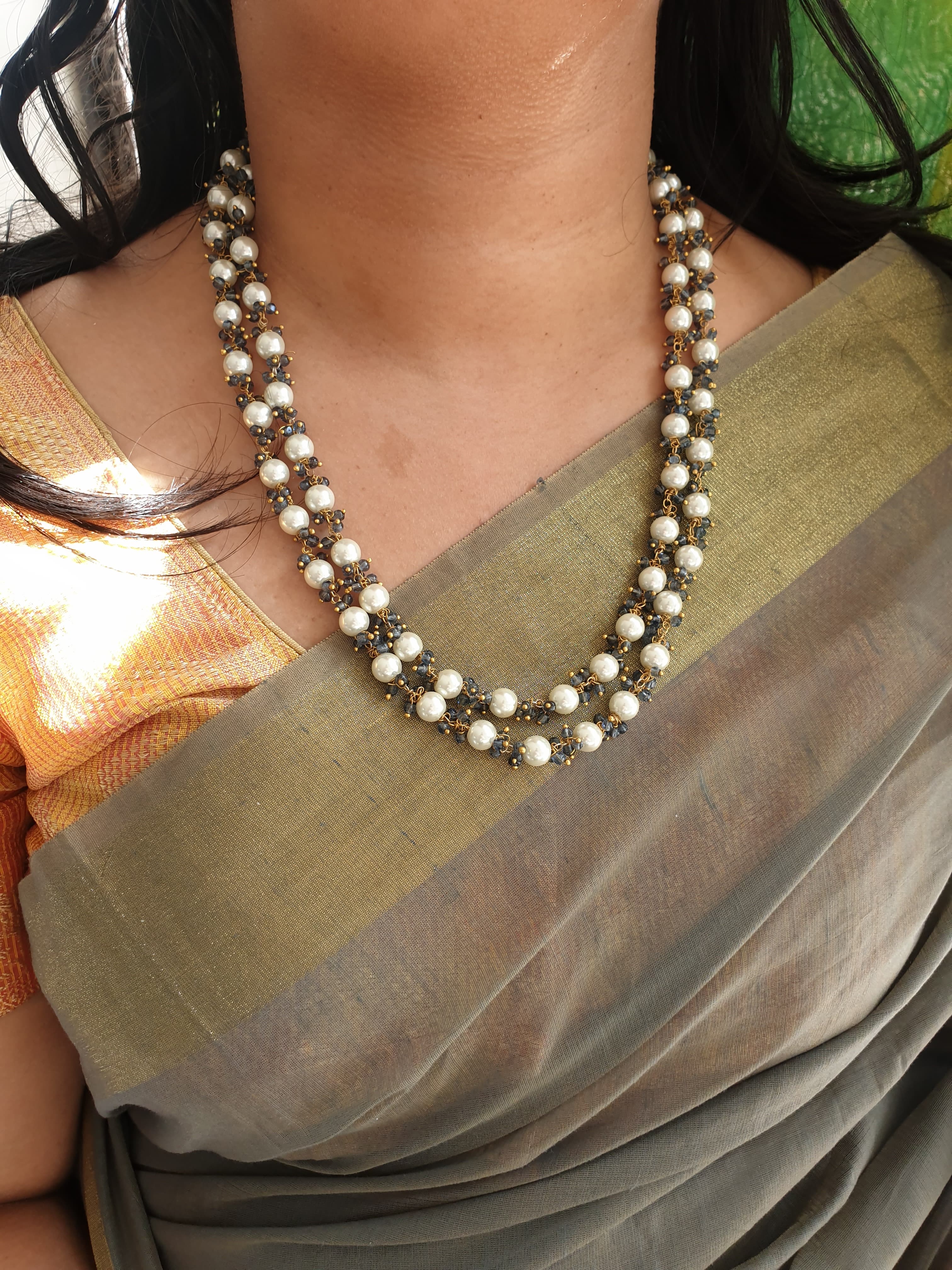 Premium Pearl And Dark Blue Beads Necklace With Earrings