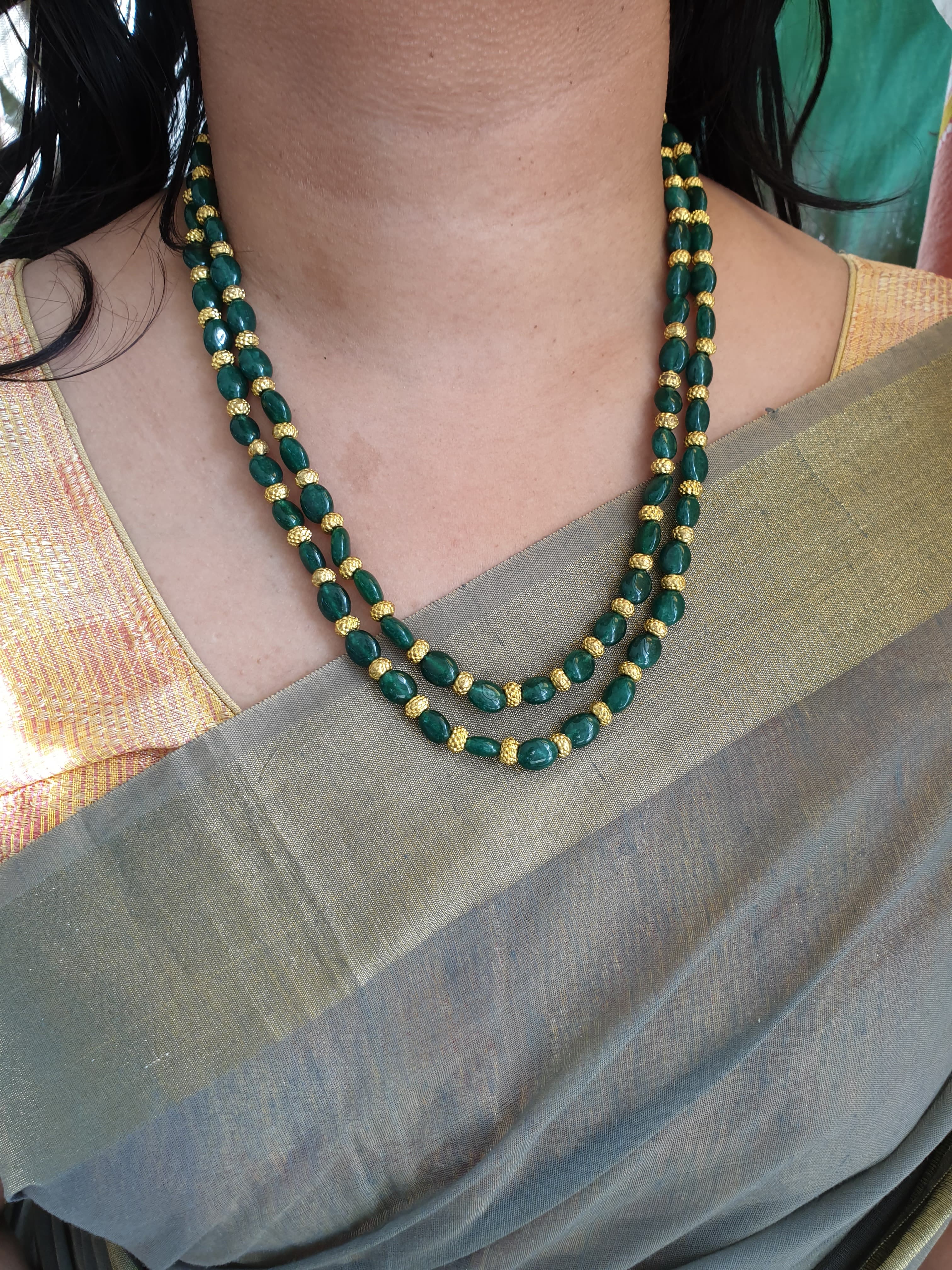 Two Layers Green Beads Stone Necklace and Earrings