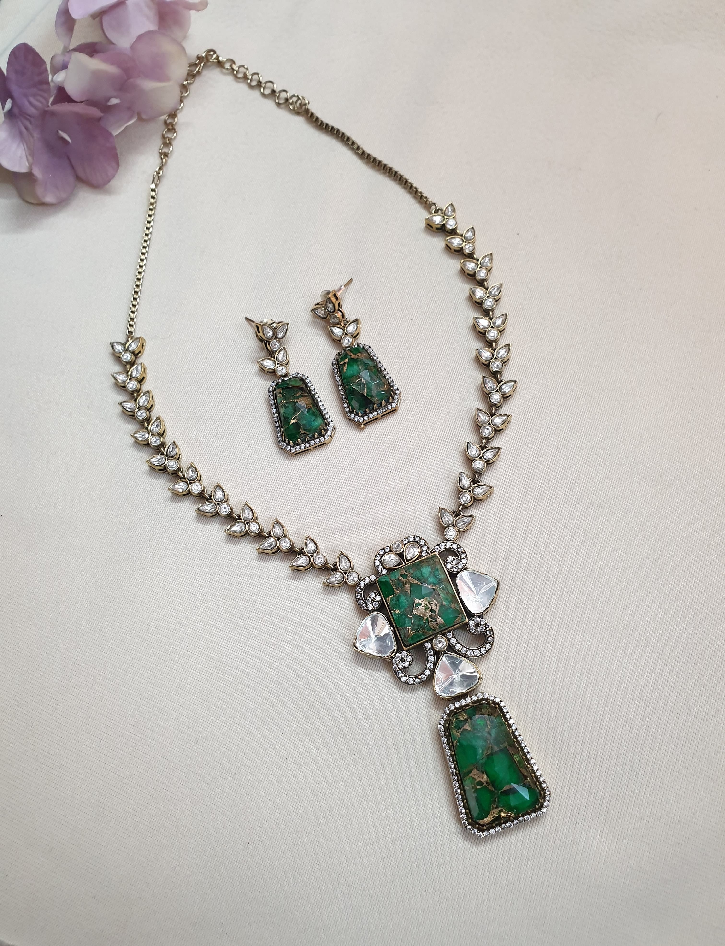 Green Doublet Stone Long Necklace With Earrings