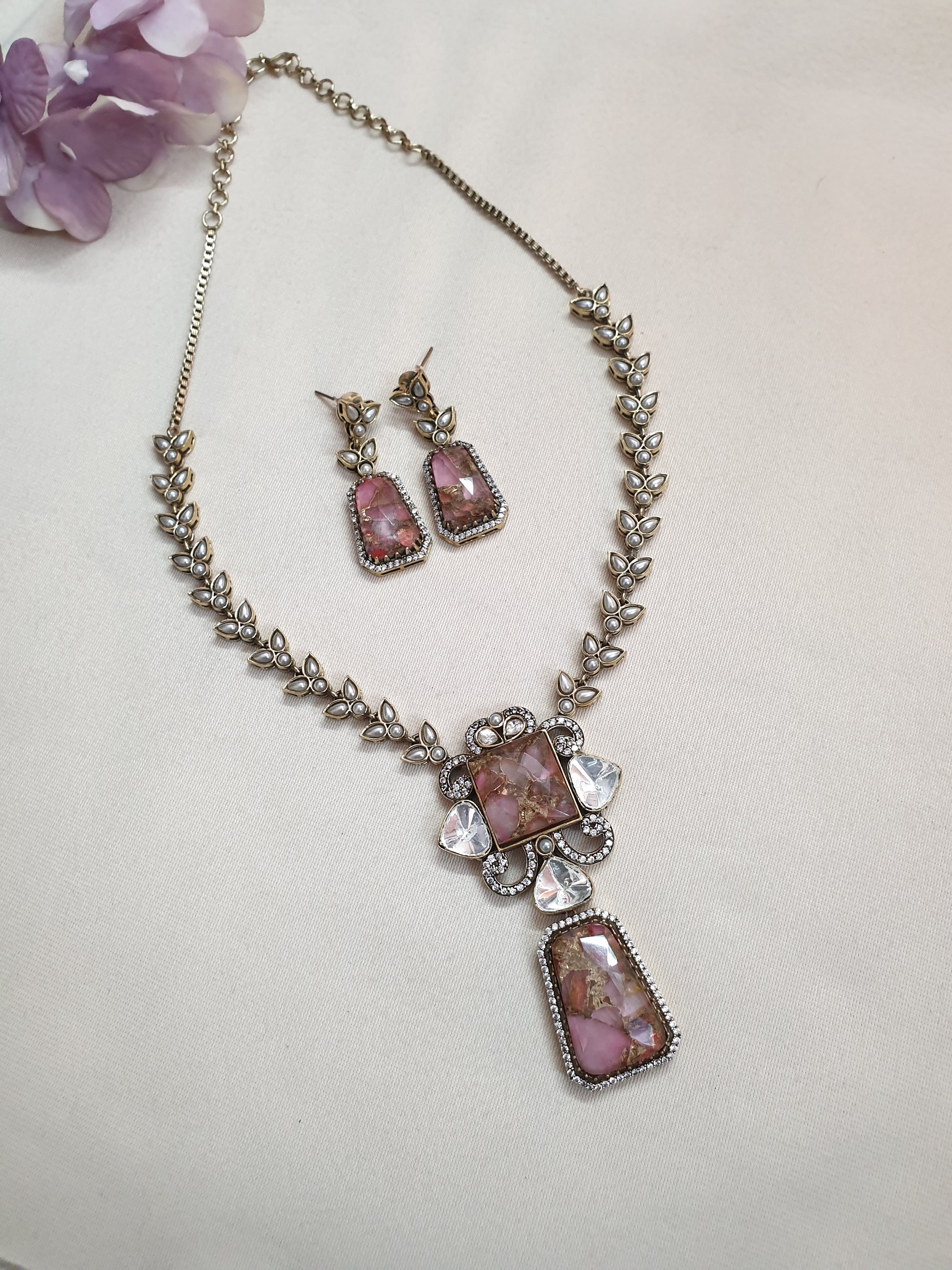 Pink Doublet Stone Long Necklace With Earrings