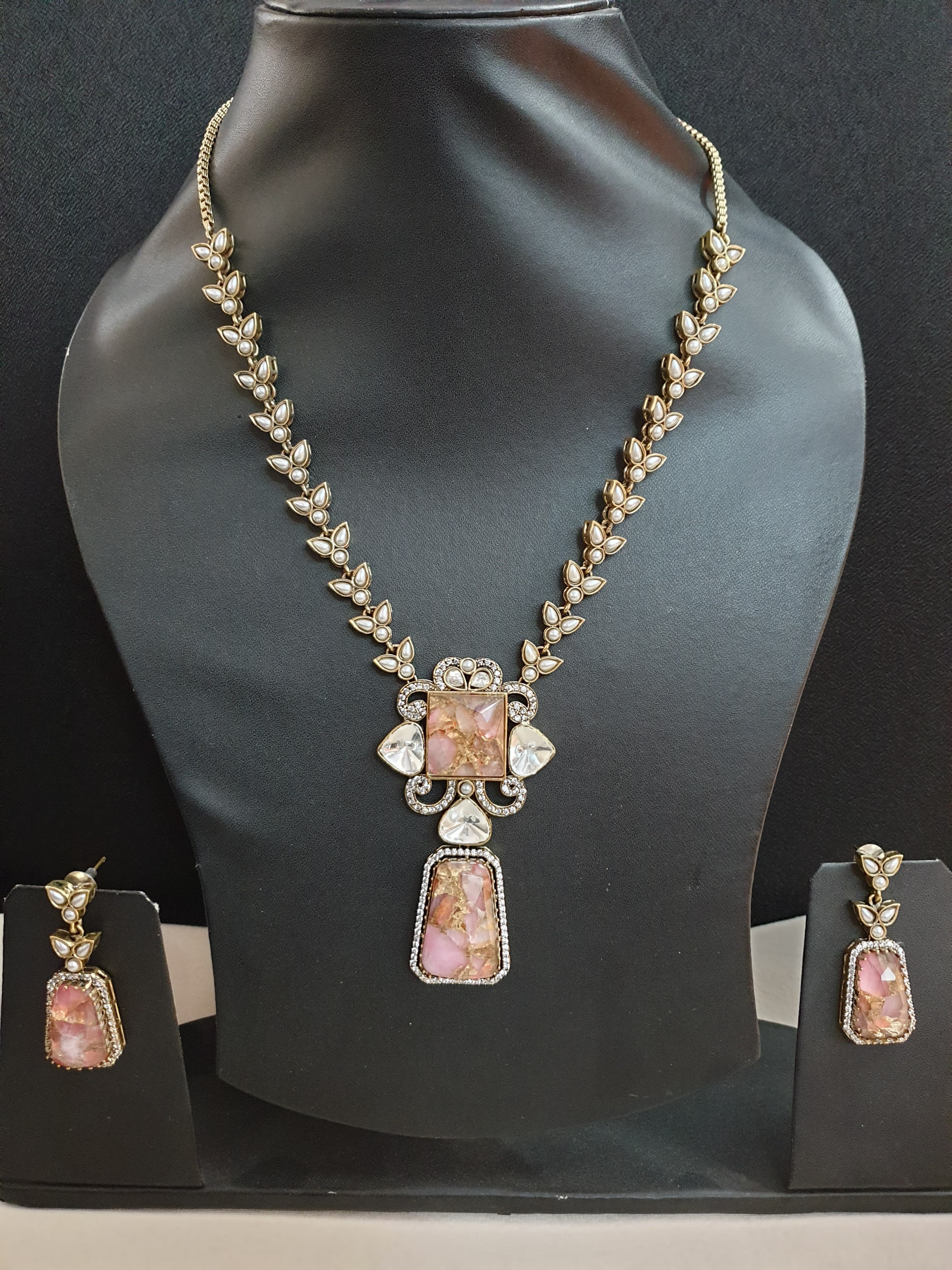 Pink Doublet Stone Long Necklace With Earrings