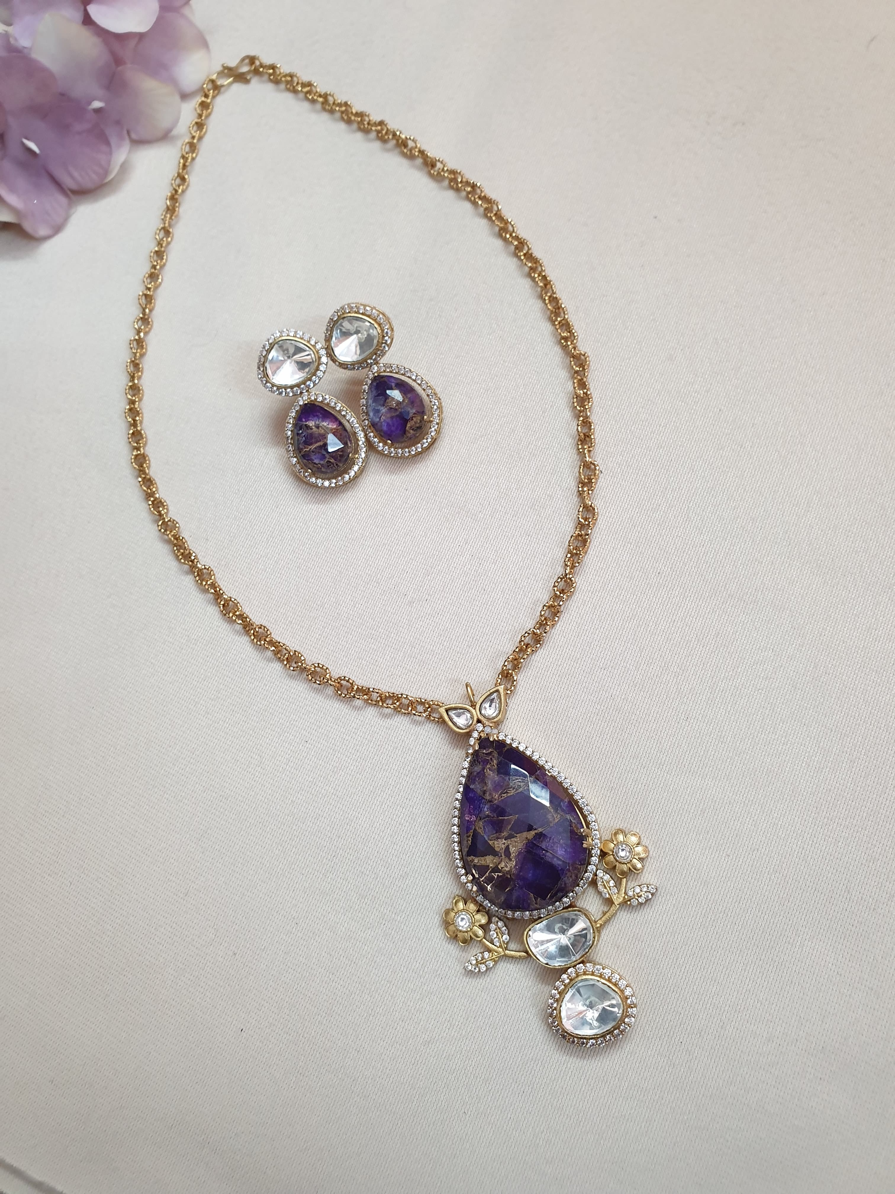 Purple Doublet Stone Chain Necklace With Earrings