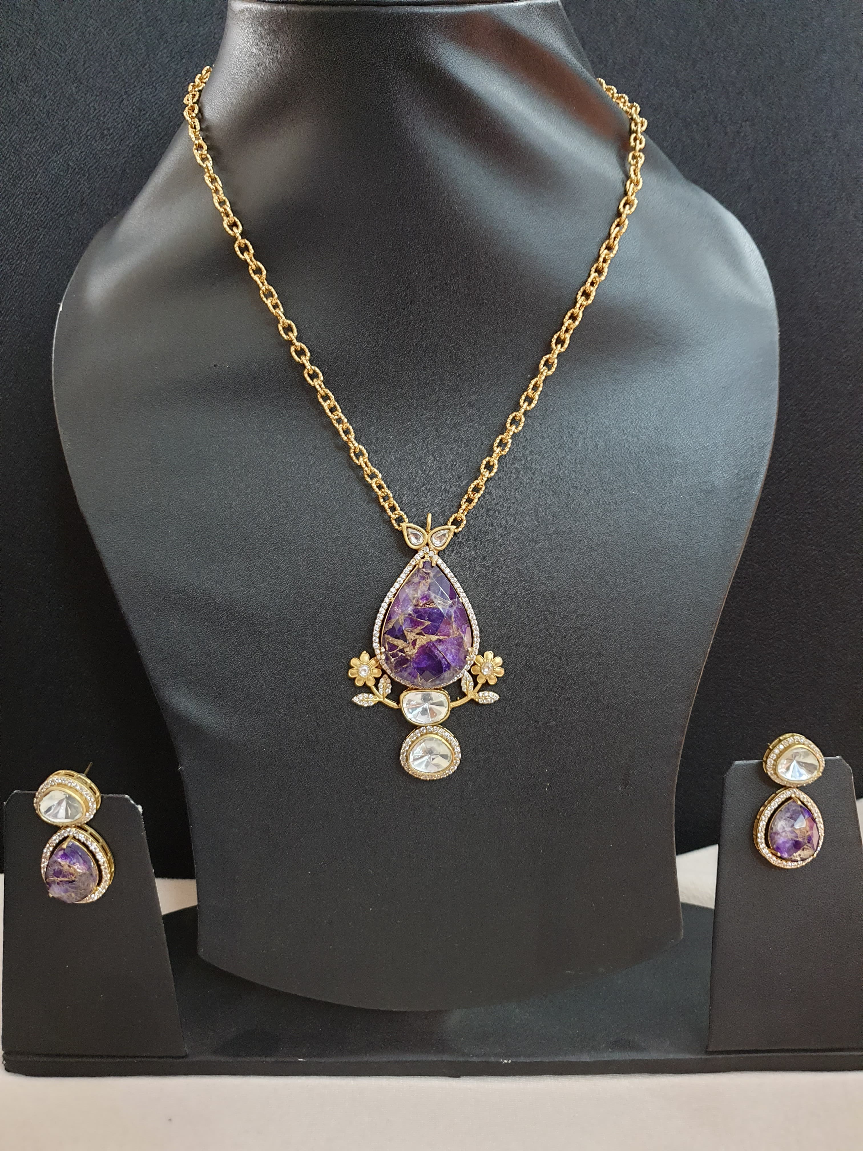 Purple Doublet Stone Chain Necklace With Earrings