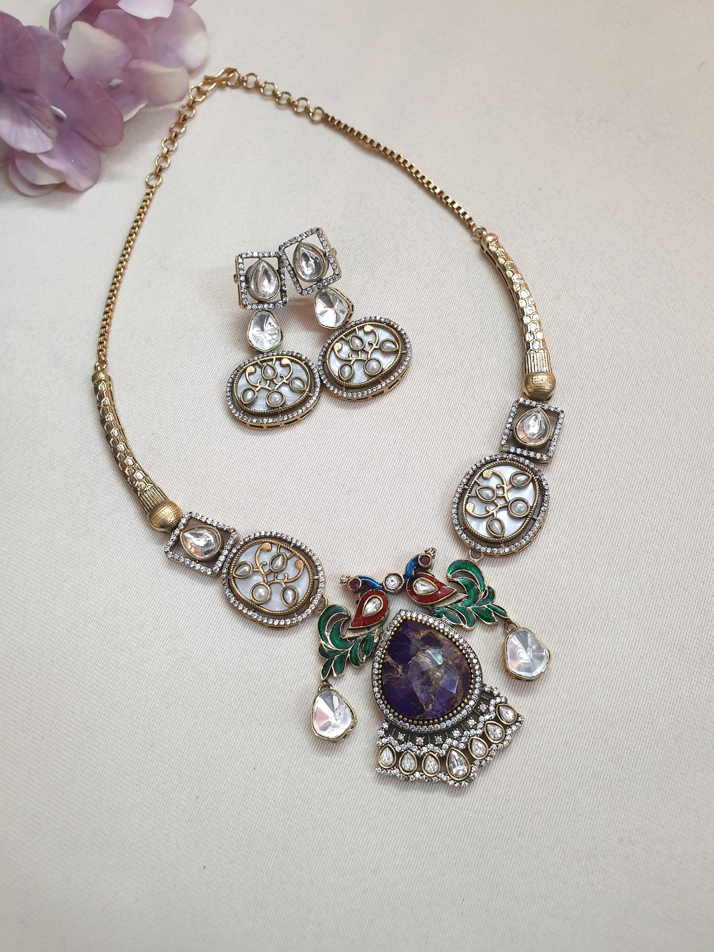 Purple Doublet Stone Hasli Necklace With Earrings