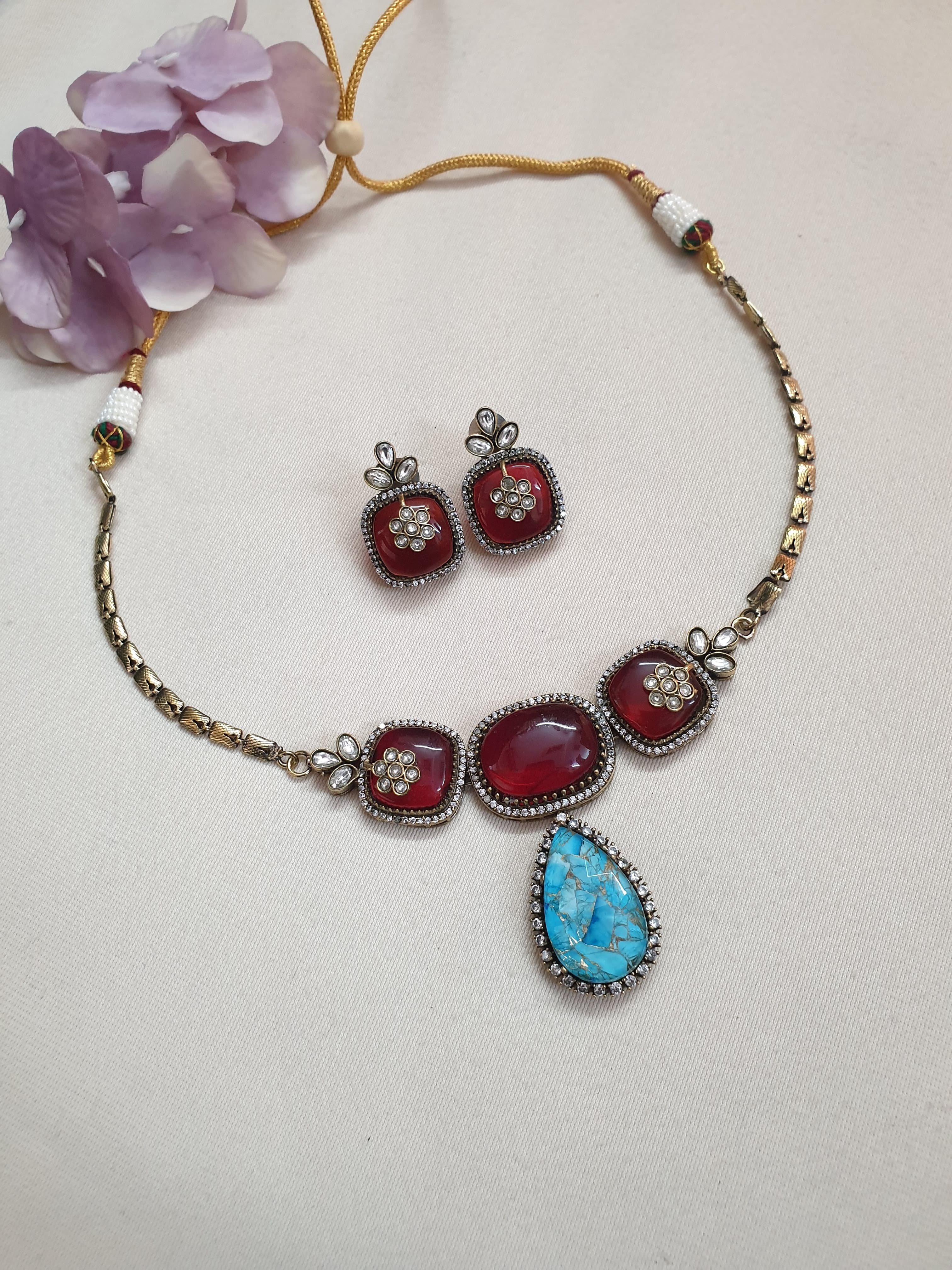 Red and Blue Stone Choker Necklace With Earrings