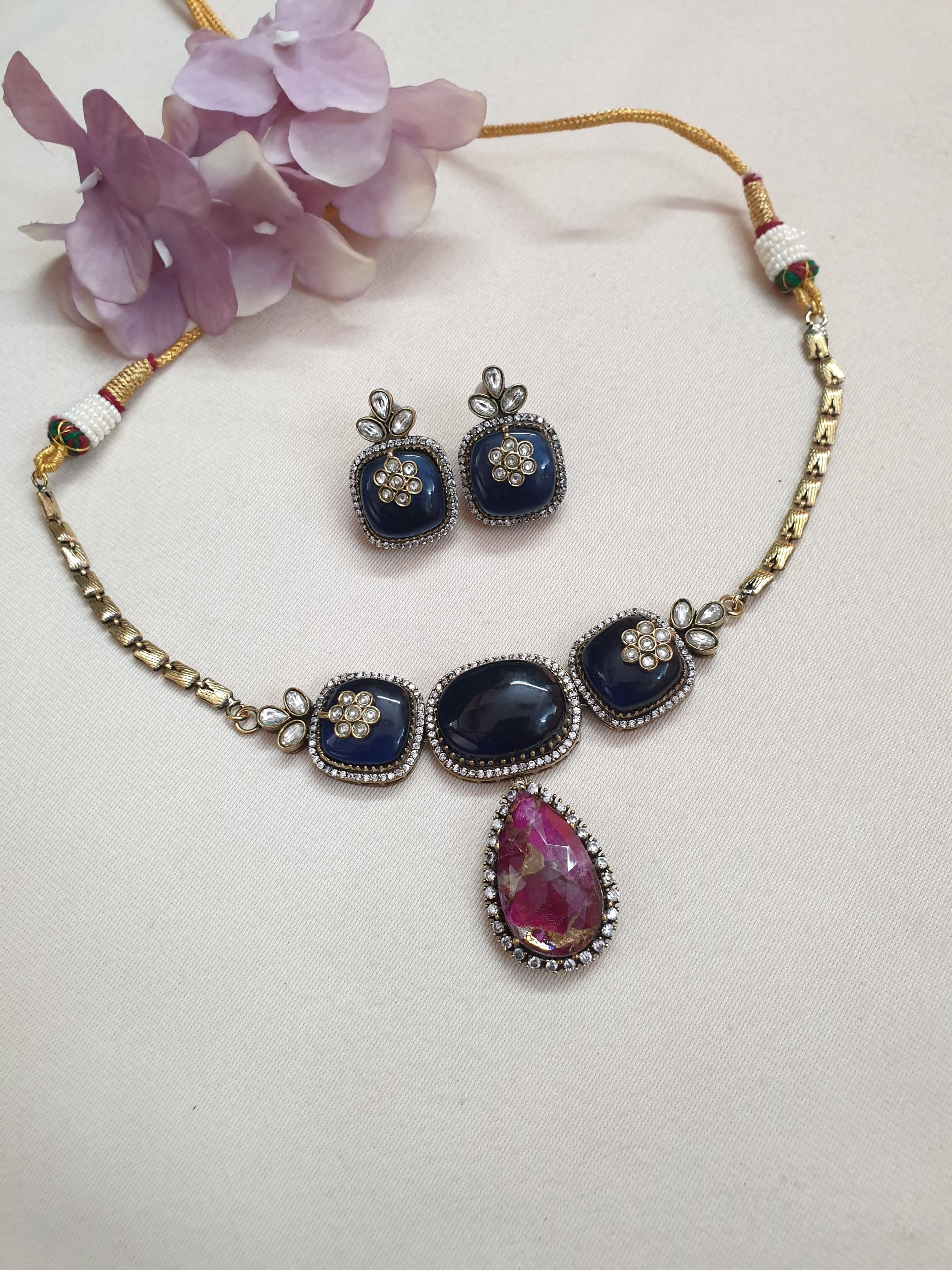 Dark Blue and Pink Stone Choker Necklace With Earrings