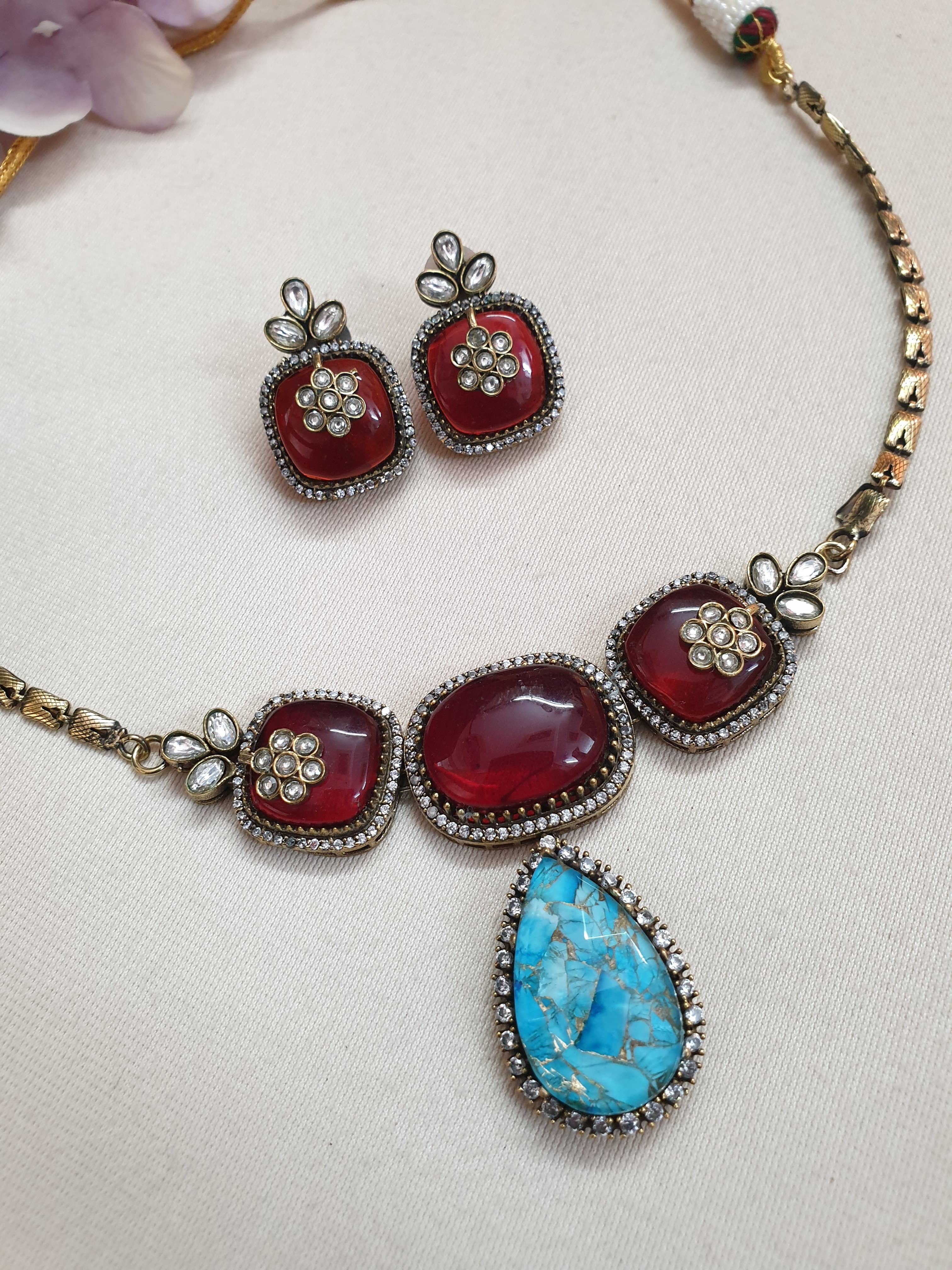 Red and Blue Stone Choker Necklace With Earrings