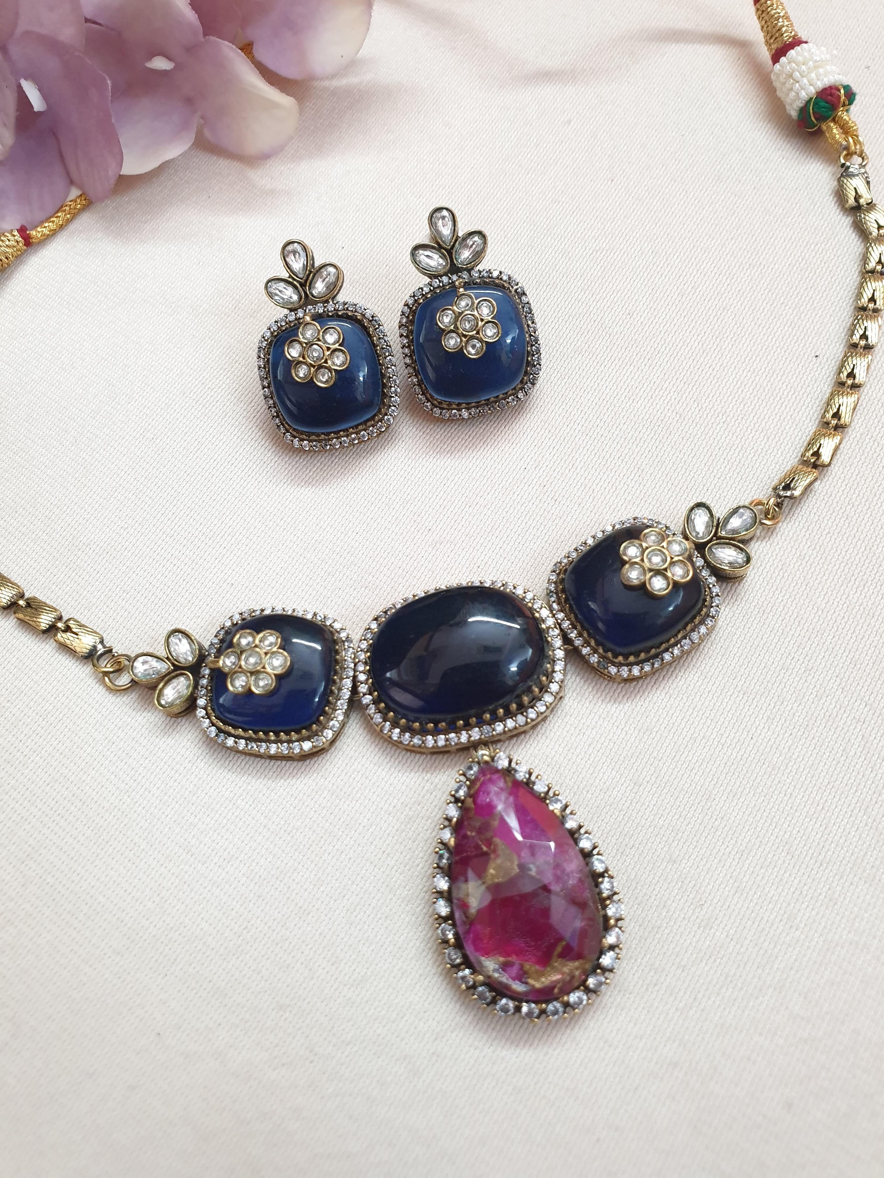 Dark Blue and Pink Stone Choker Necklace With Earrings