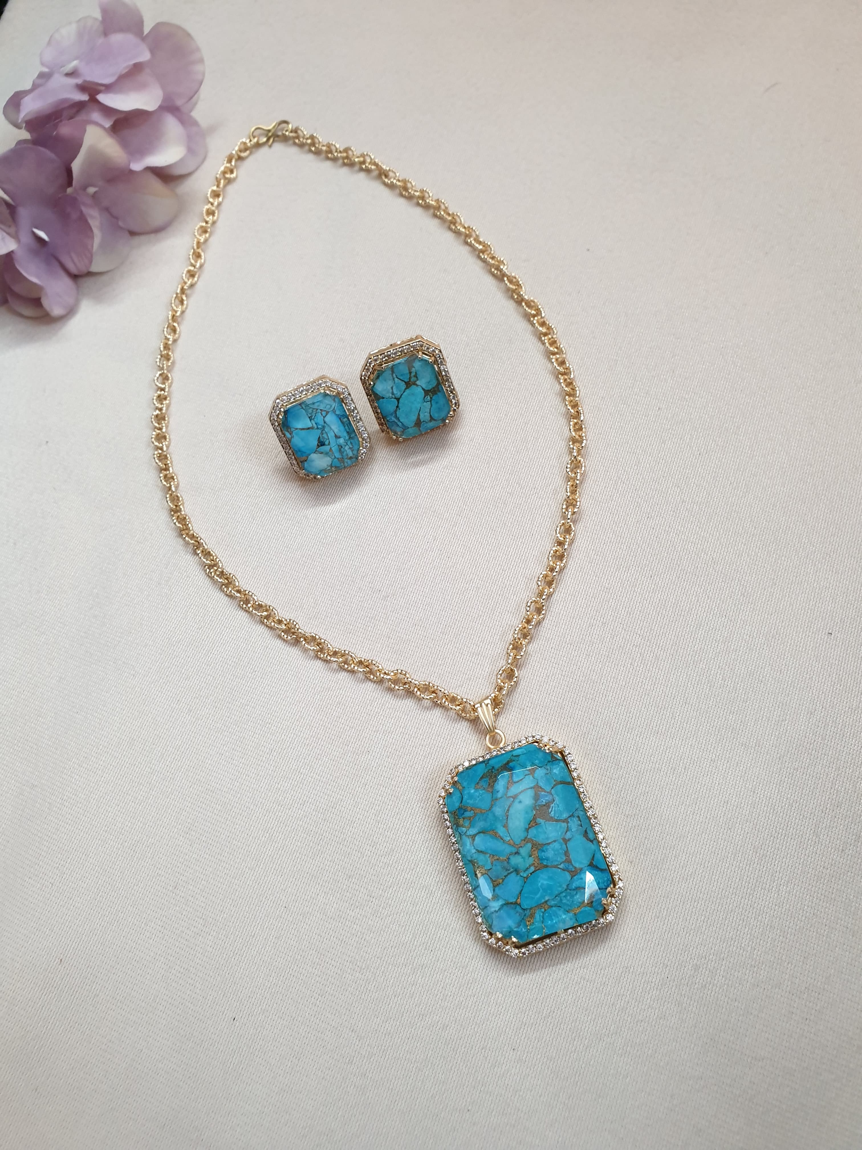 Turquoise Doublet Stone Long Chain Necklace With Earrings