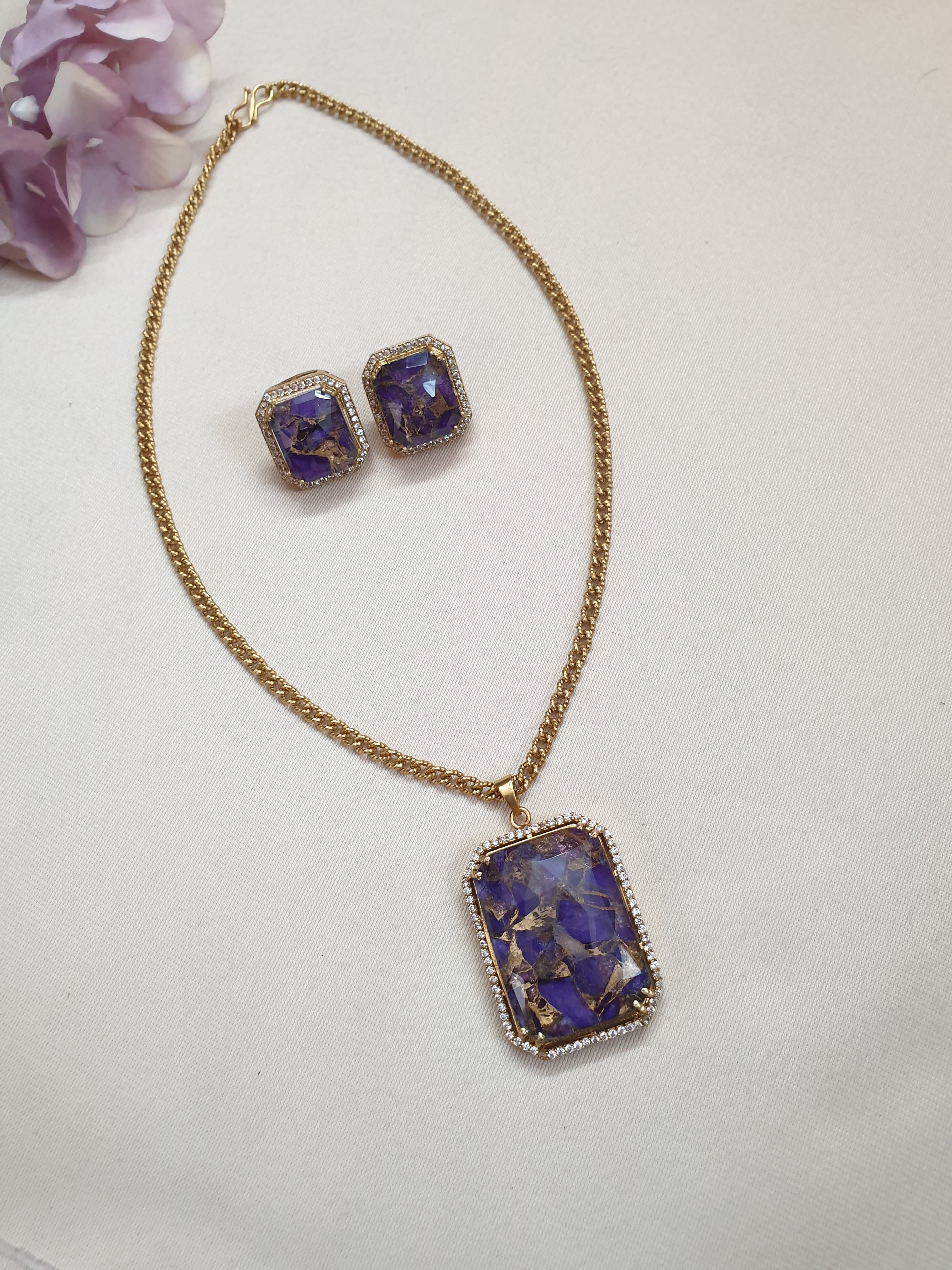 Purple Doublet Stone Long Chain Necklace With Earrings