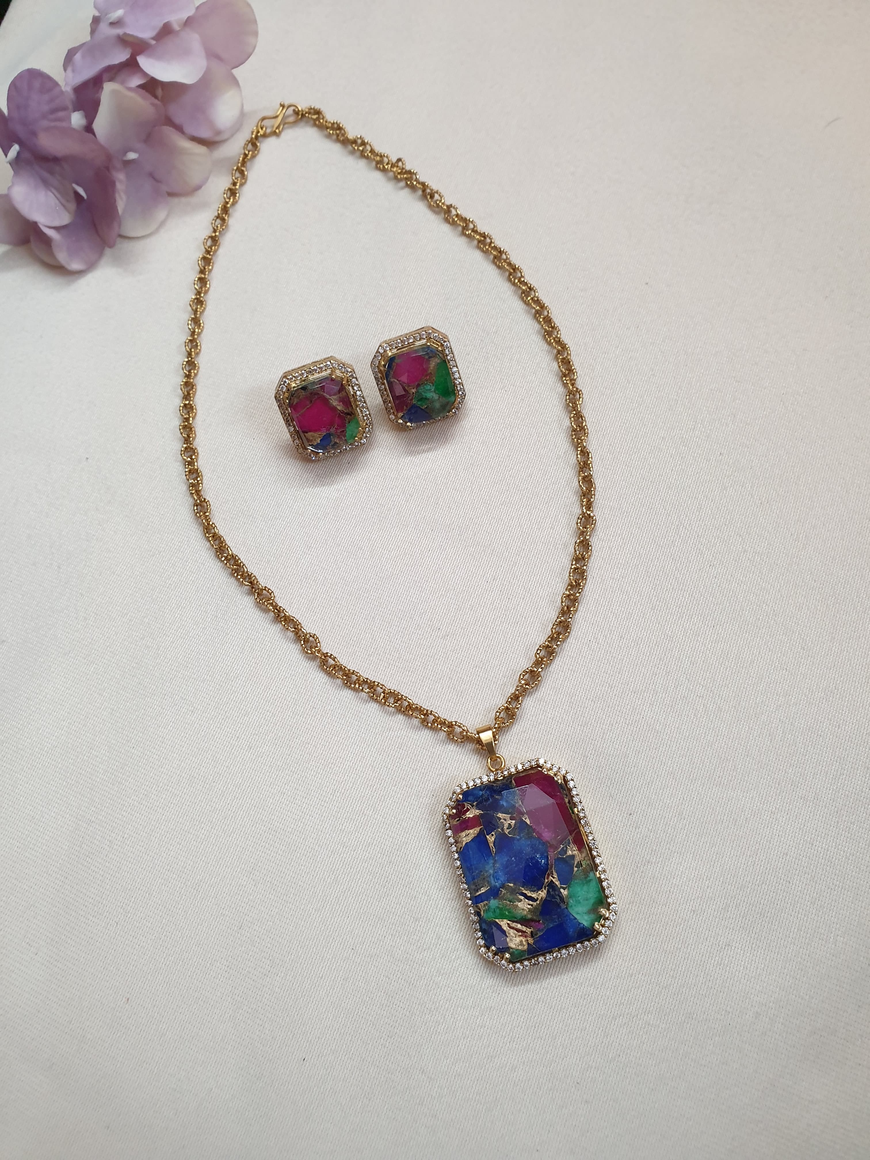 Multi Color Doublet Stone Long Chain Necklace With Earrings