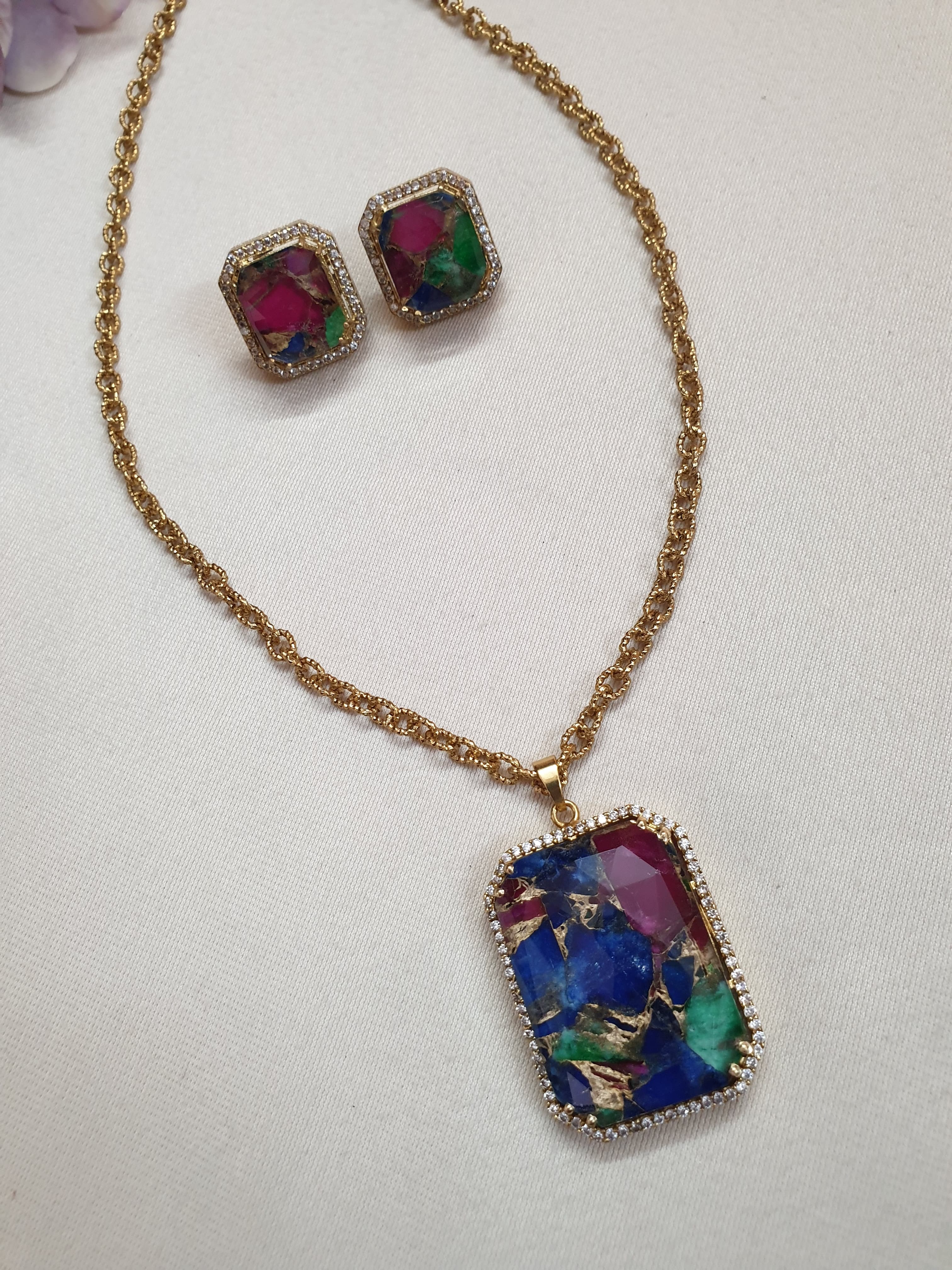 Multi Color Doublet Stone Long Chain Necklace With Earrings