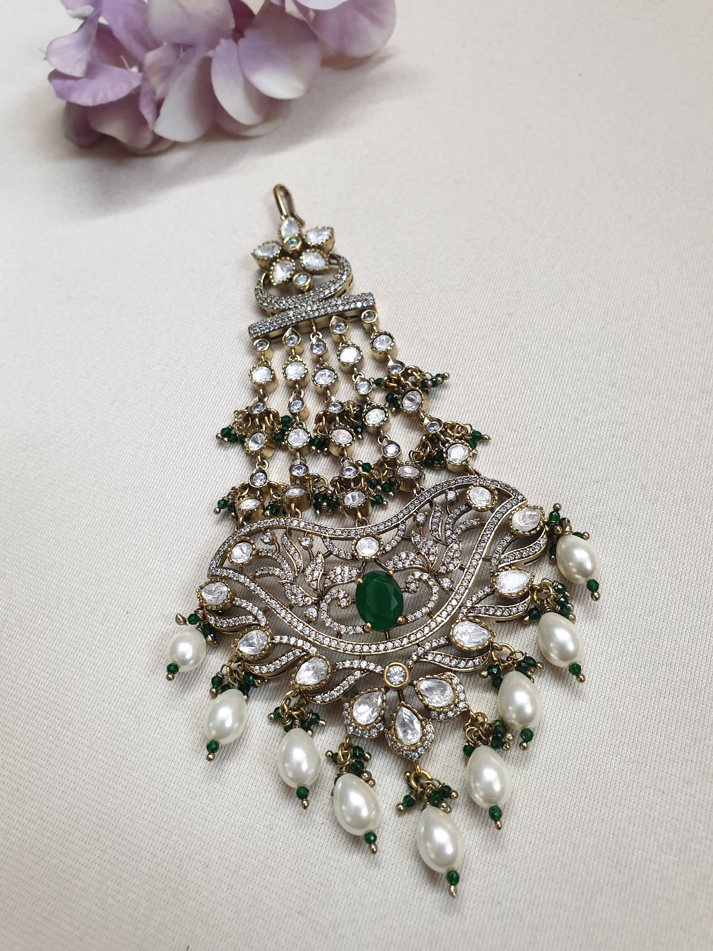 Kundan Polki Bridal Green Stone Pearl Drop Head Passa