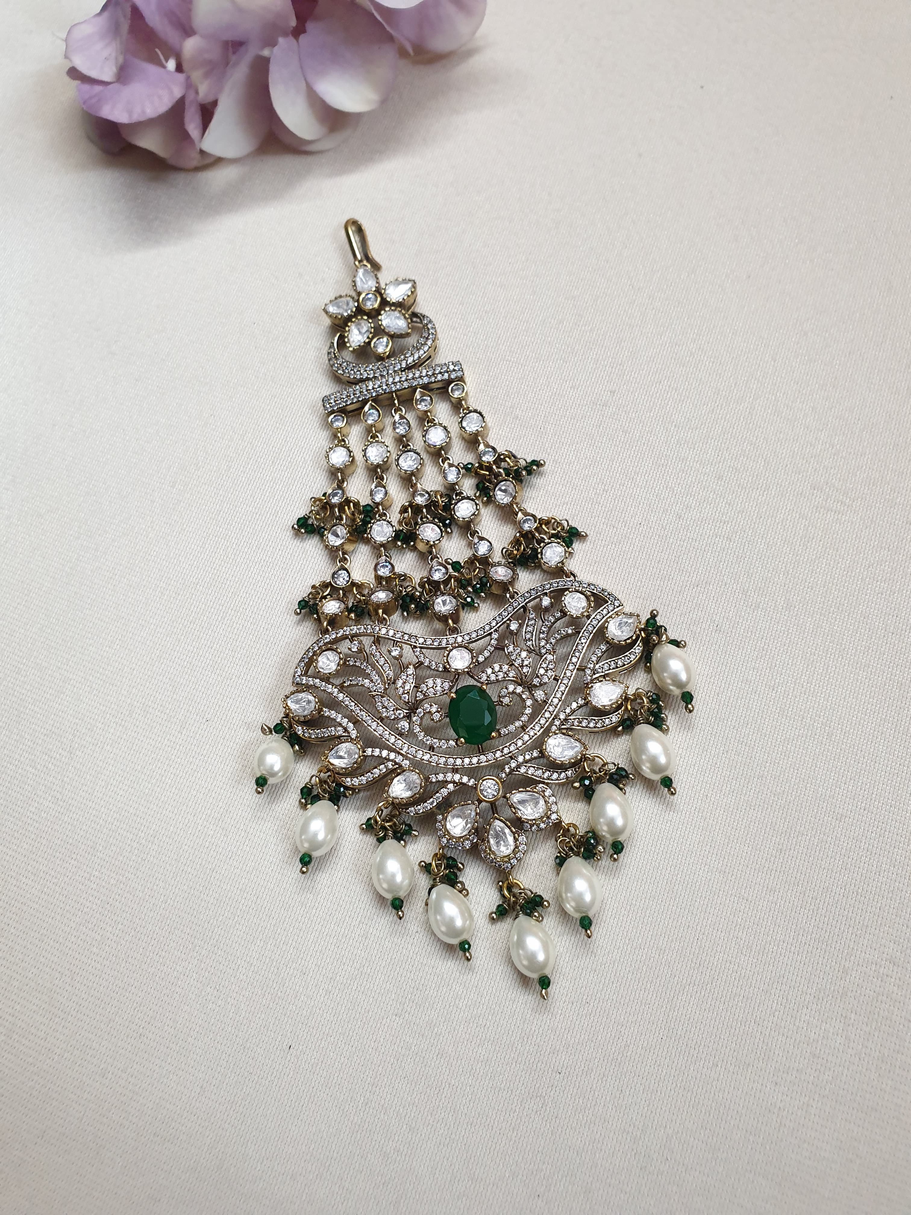 Kundan Polki Bridal Green Stone Pearl Drop Head Passa