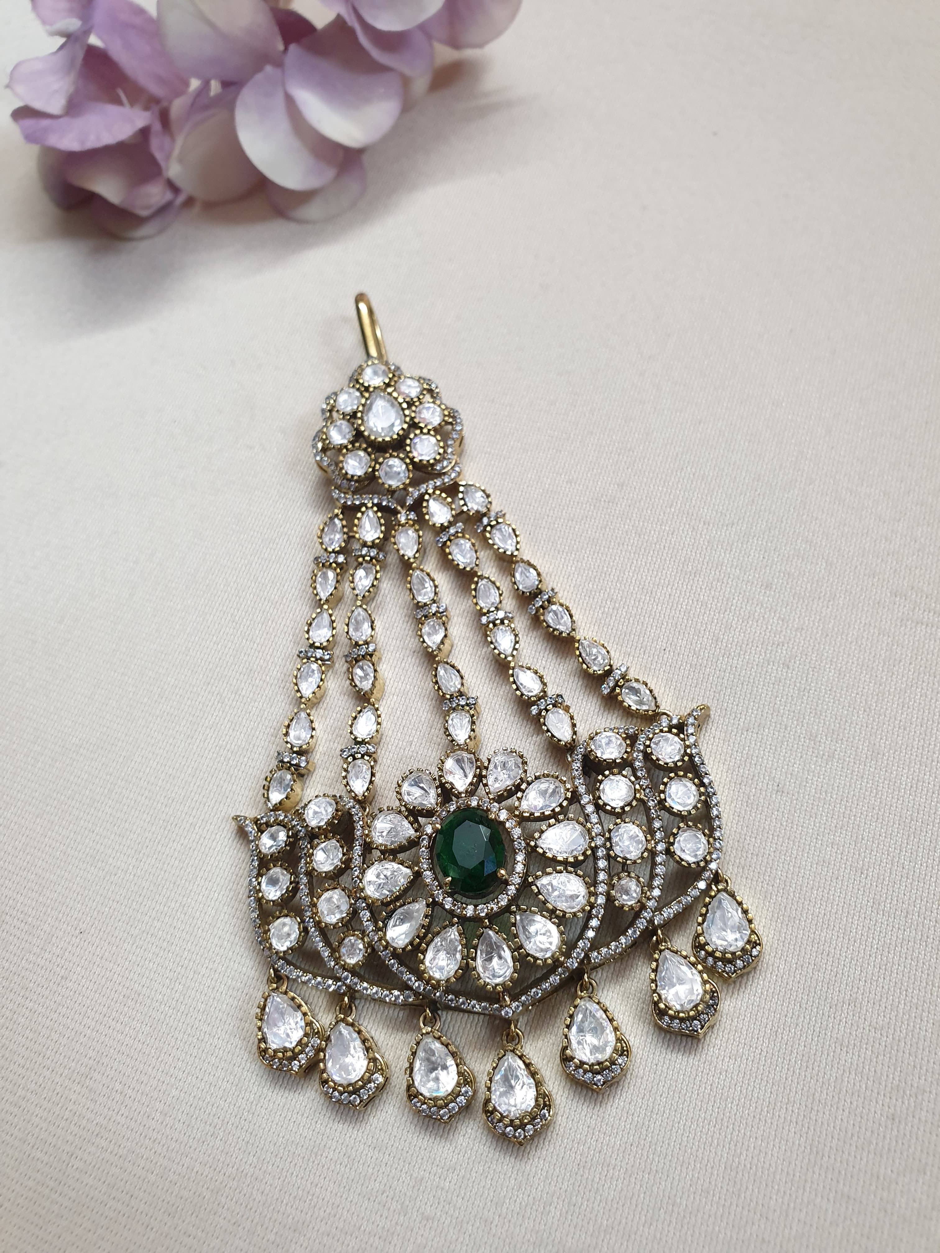 Premium Kundan Polki Bridal Green Stone Head Passa