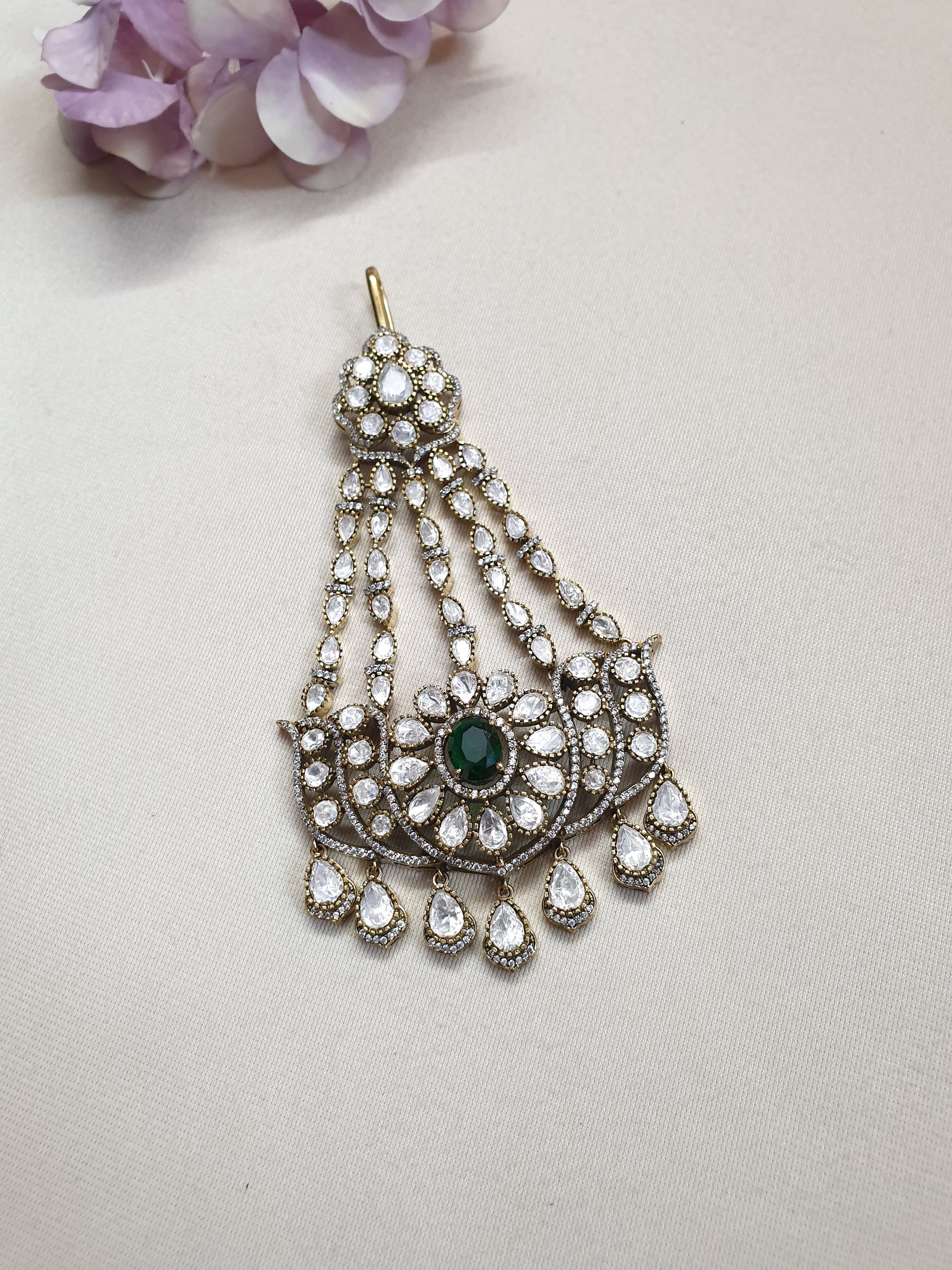 Premium Kundan Polki Bridal Green Stone Head Passa