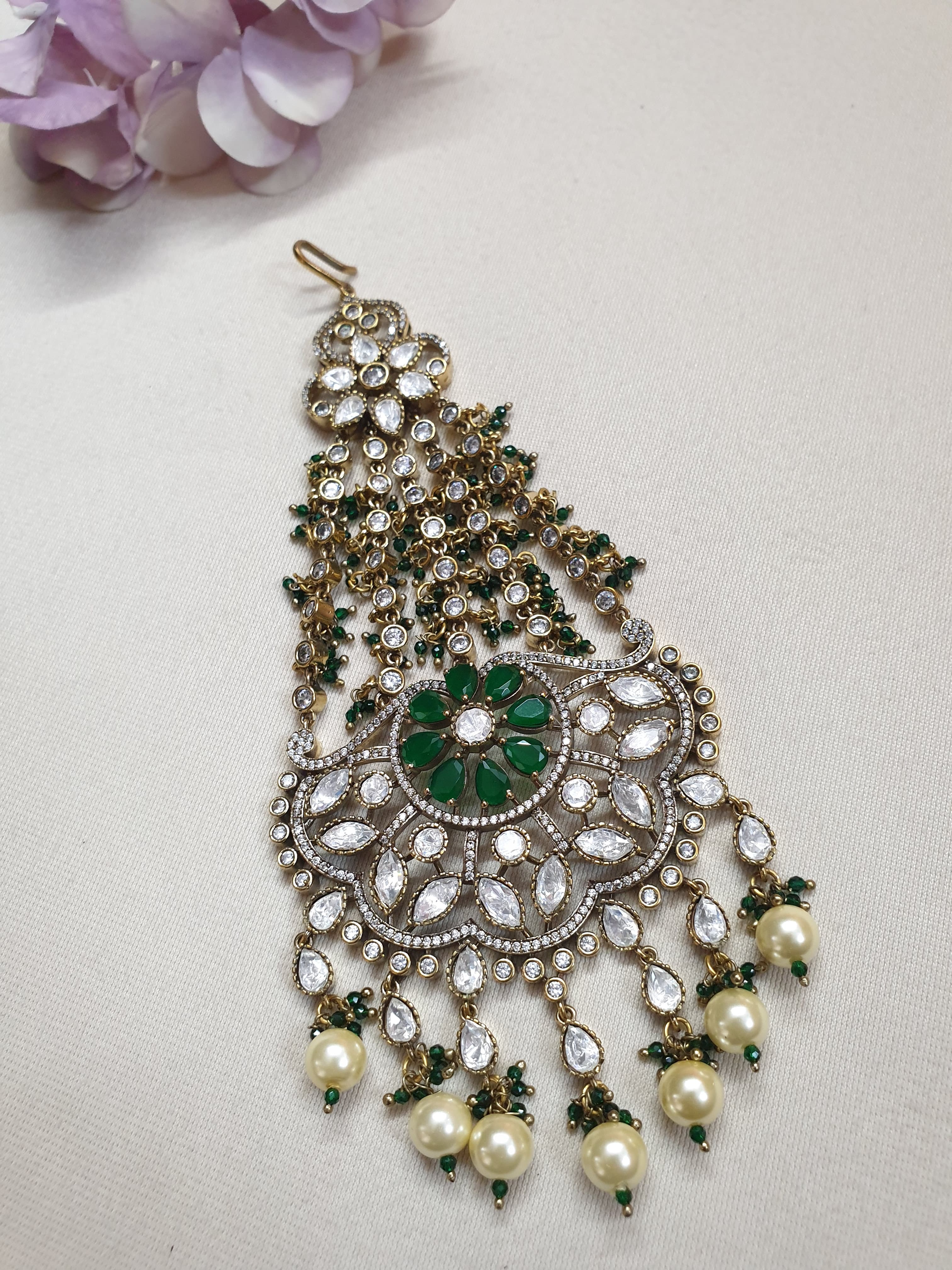 Kundan Polki Bridal Floral Green Stone Head Passa