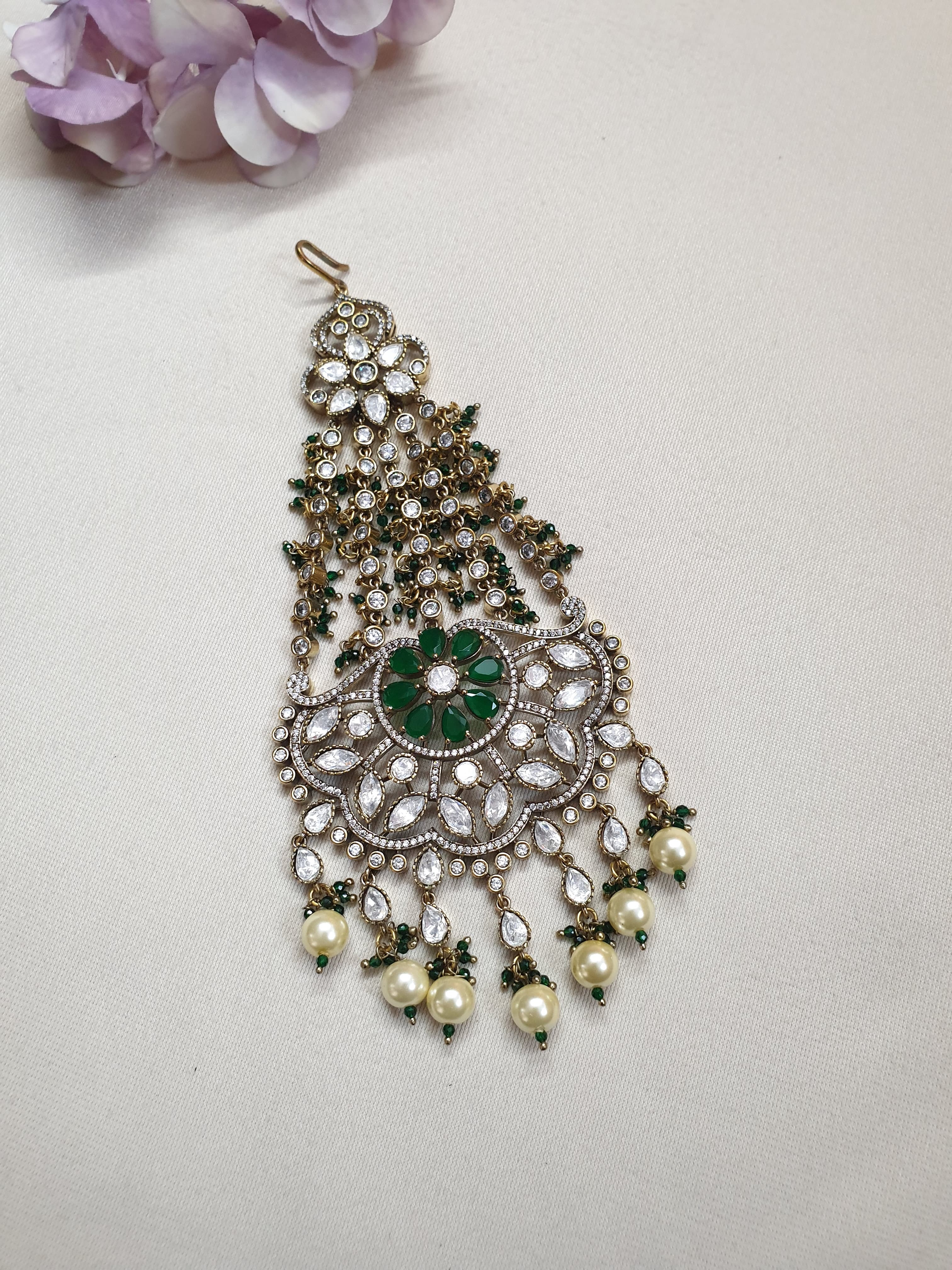 Kundan Polki Bridal Floral Green Stone Head Passa