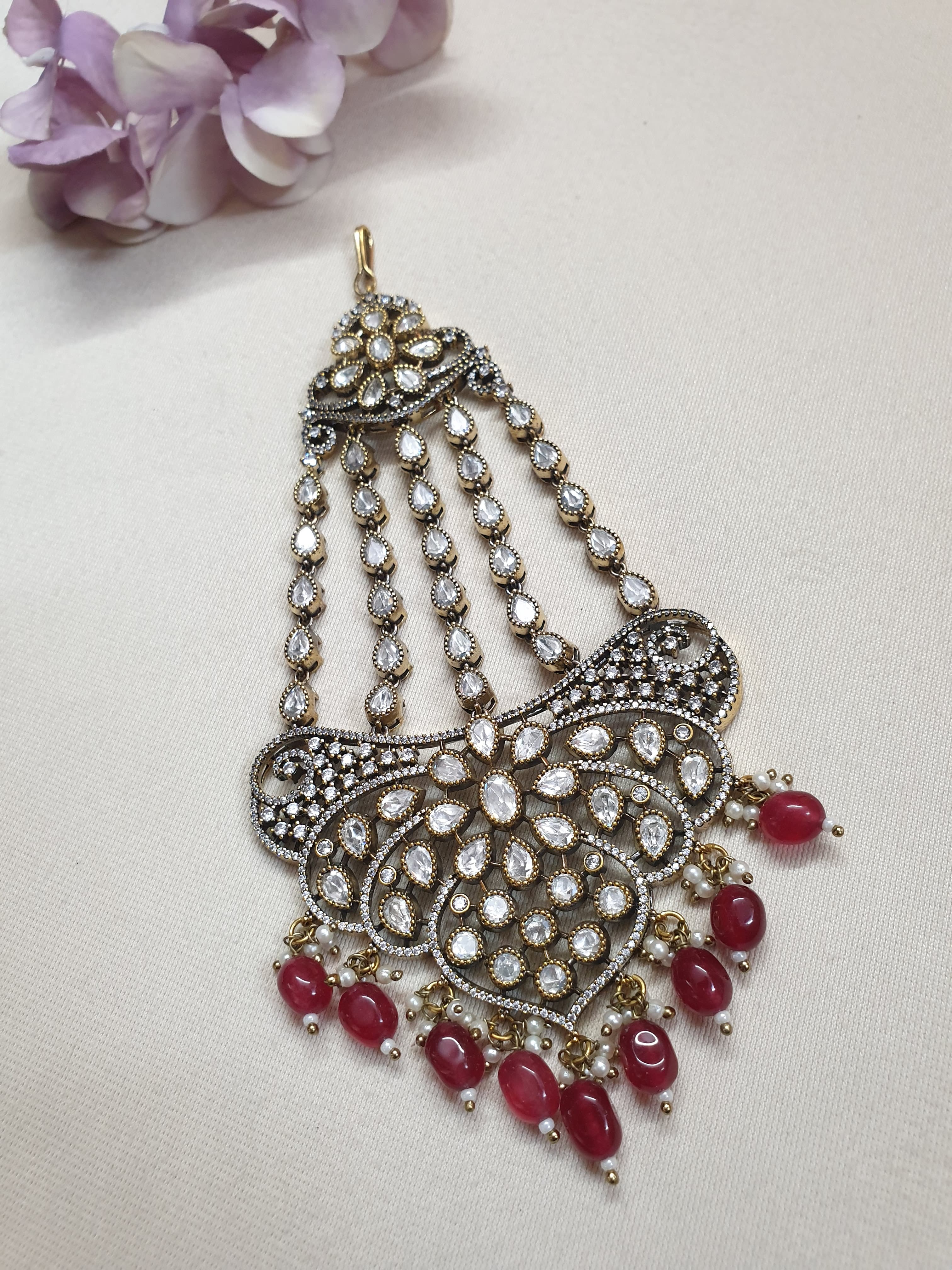 Kundan Polki Bridal White Stone Red Beaded Head Passa