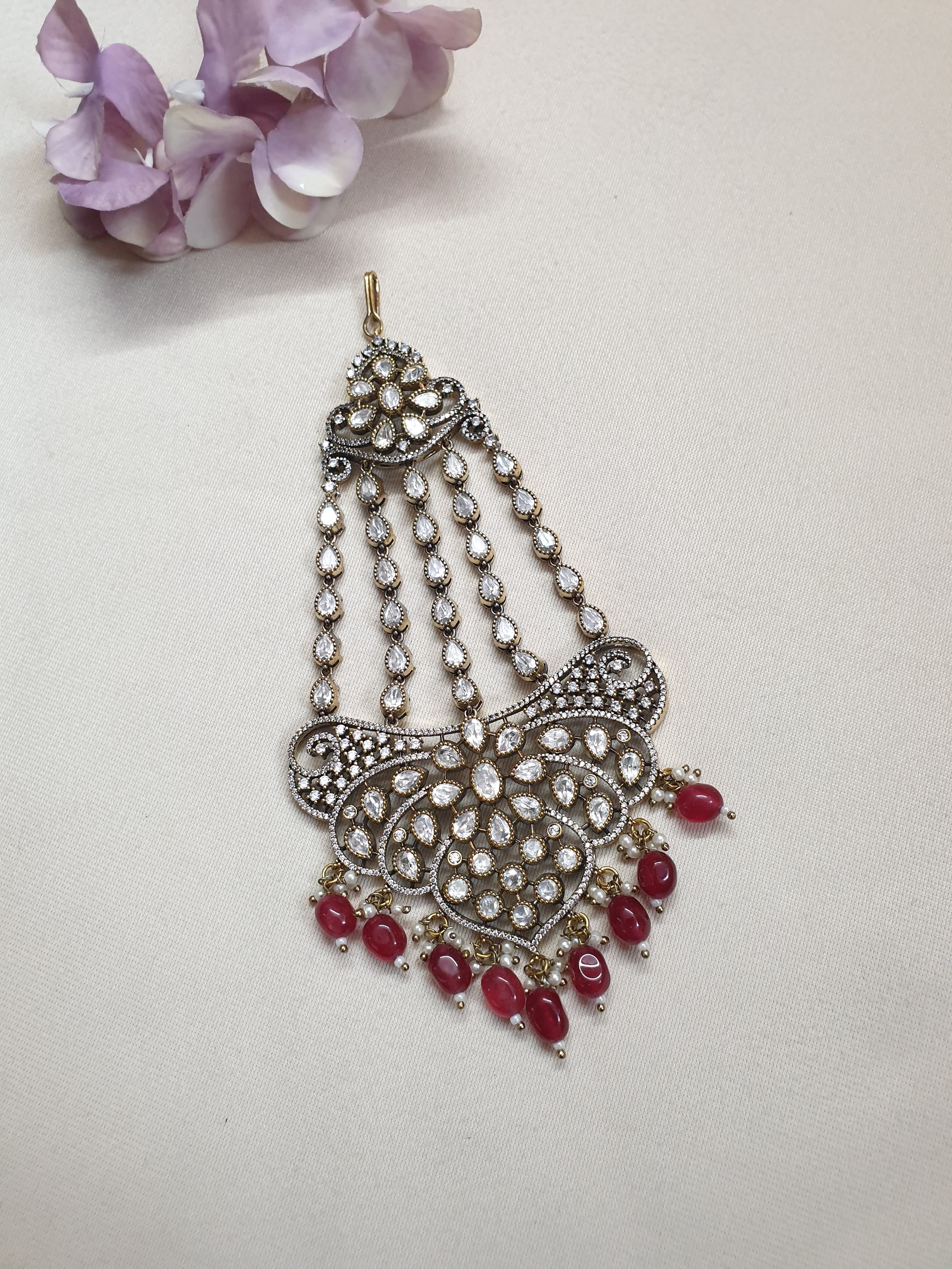 Kundan Polki Bridal White Stone Red Beaded Head Passa