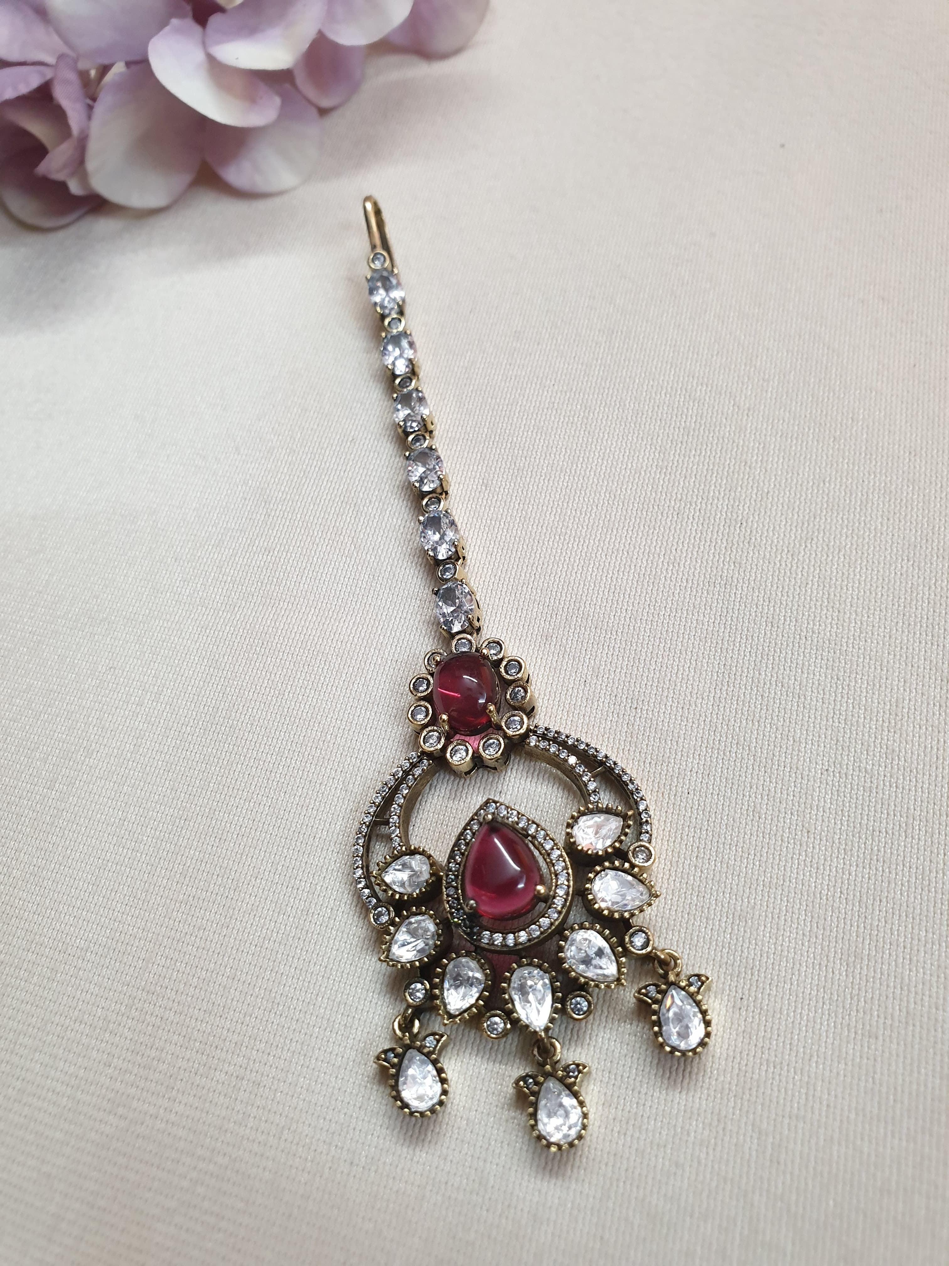 Designer Ruby Pink Color Stone Kundan Maang Tikka