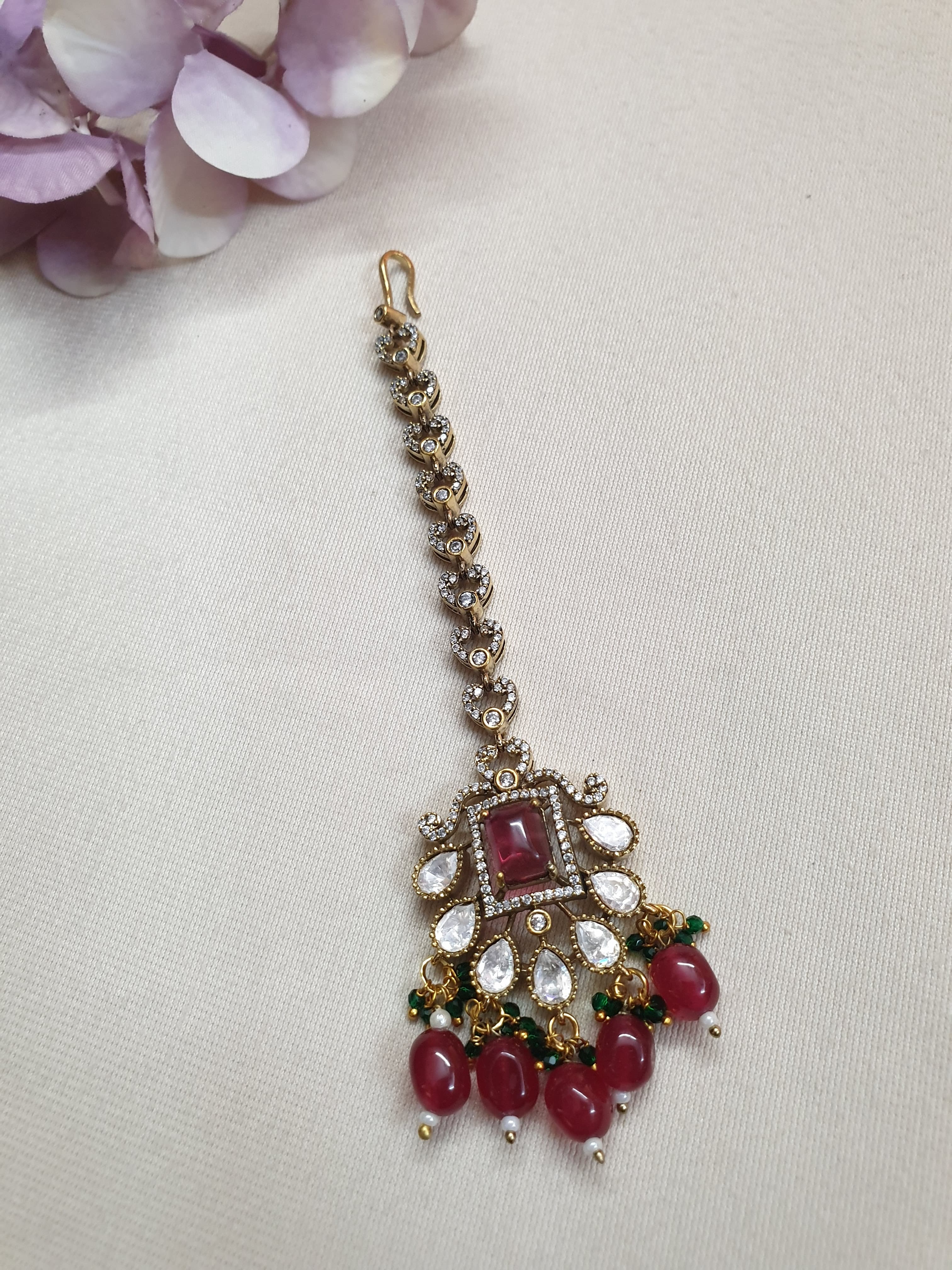 Elegant Red Stone Kundan Polki Maang Tikka