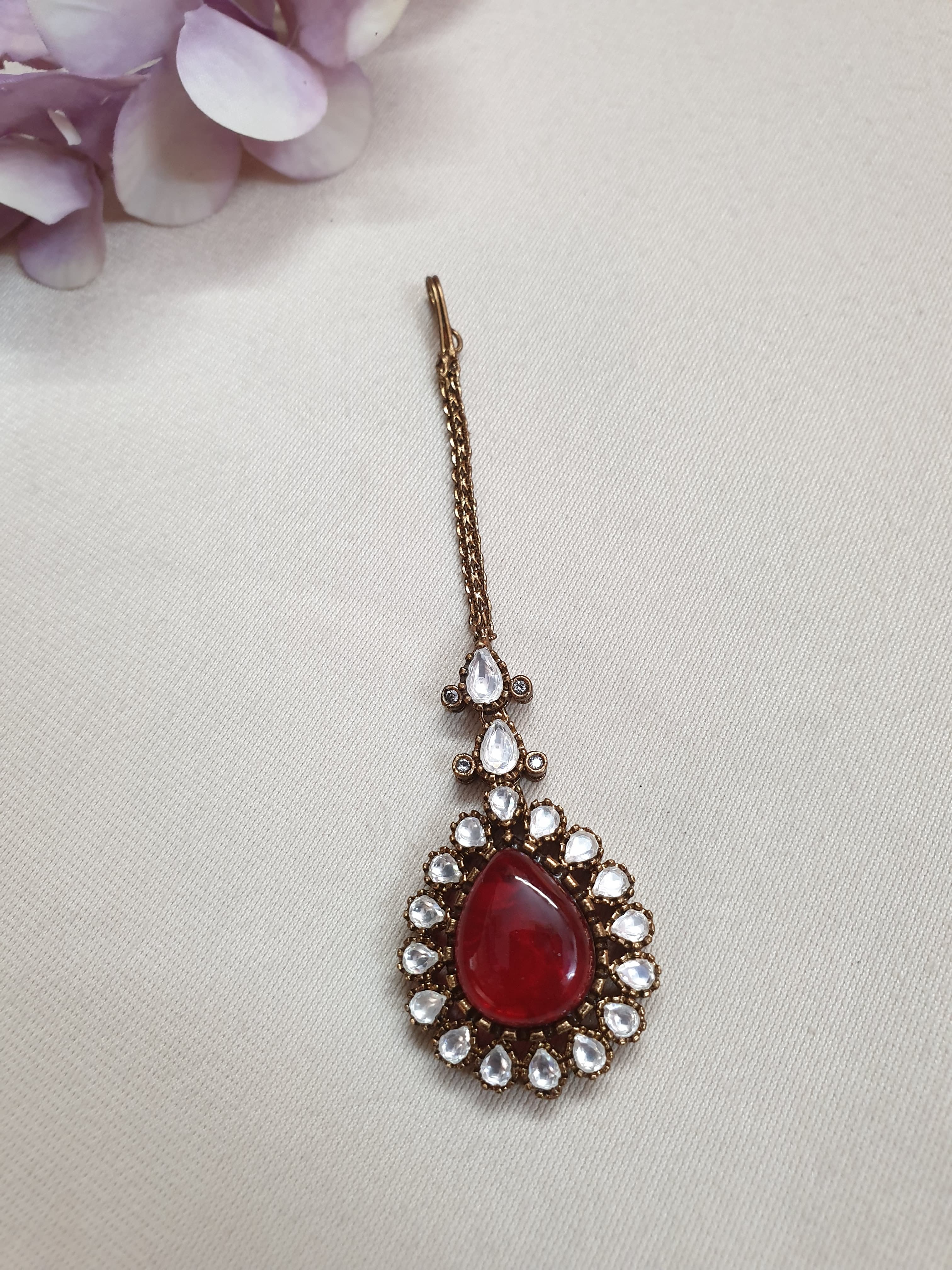 Ruby Red Color Stone Designer Kundan Maang Tikka