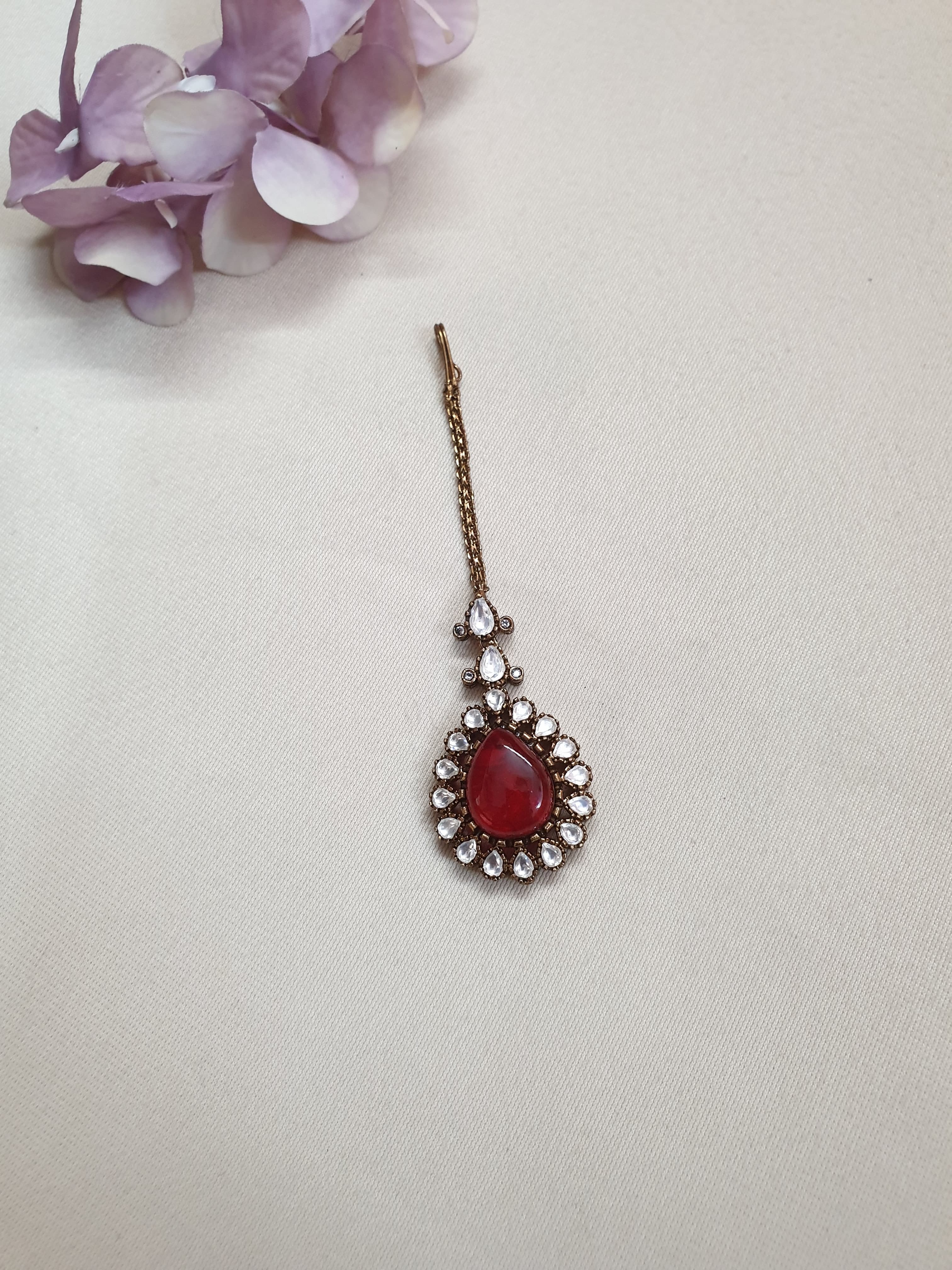 Ruby Red Color Stone Designer Kundan Maang Tikka