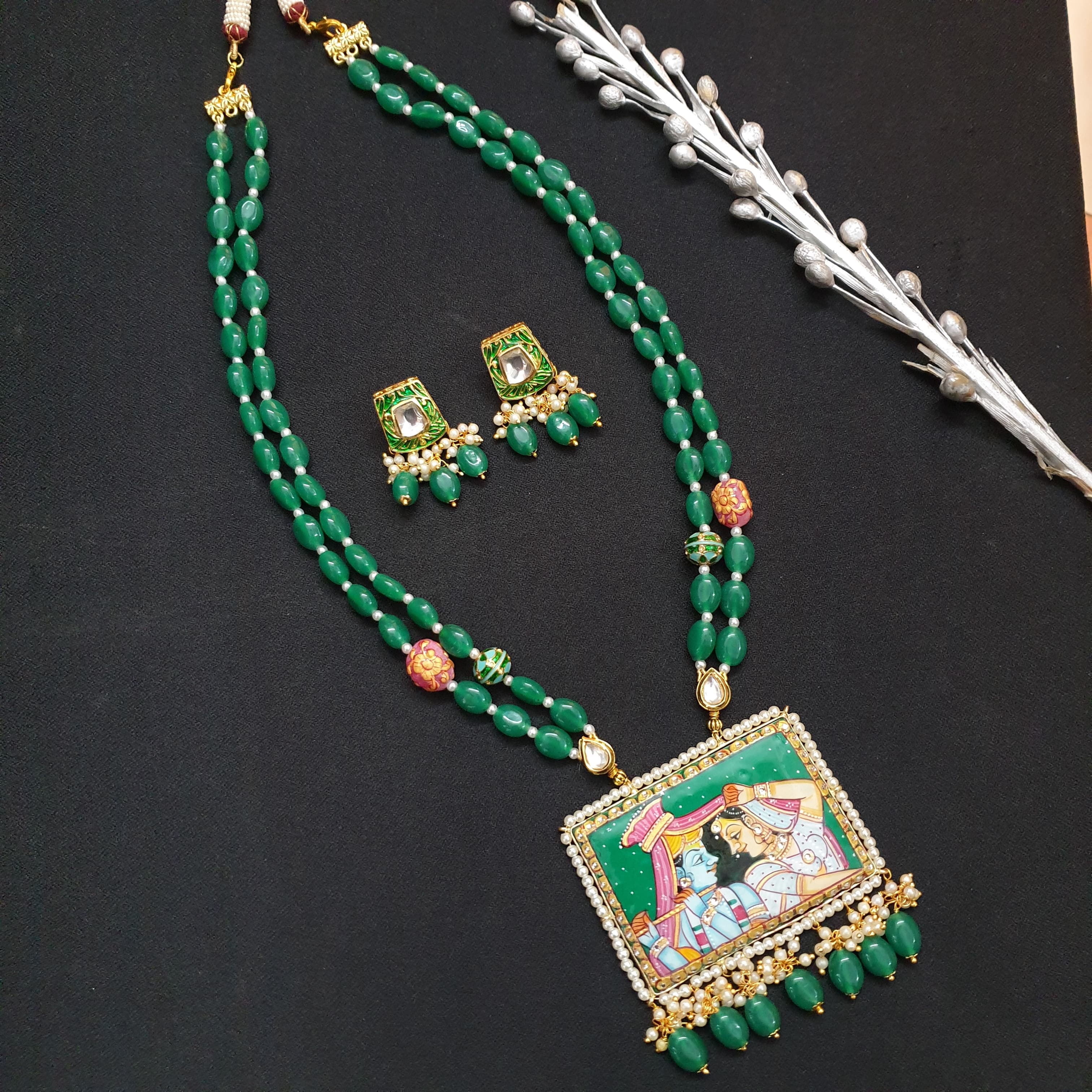 Green Stone Multi Layer Handpainted Radha Krishna Pendant Set