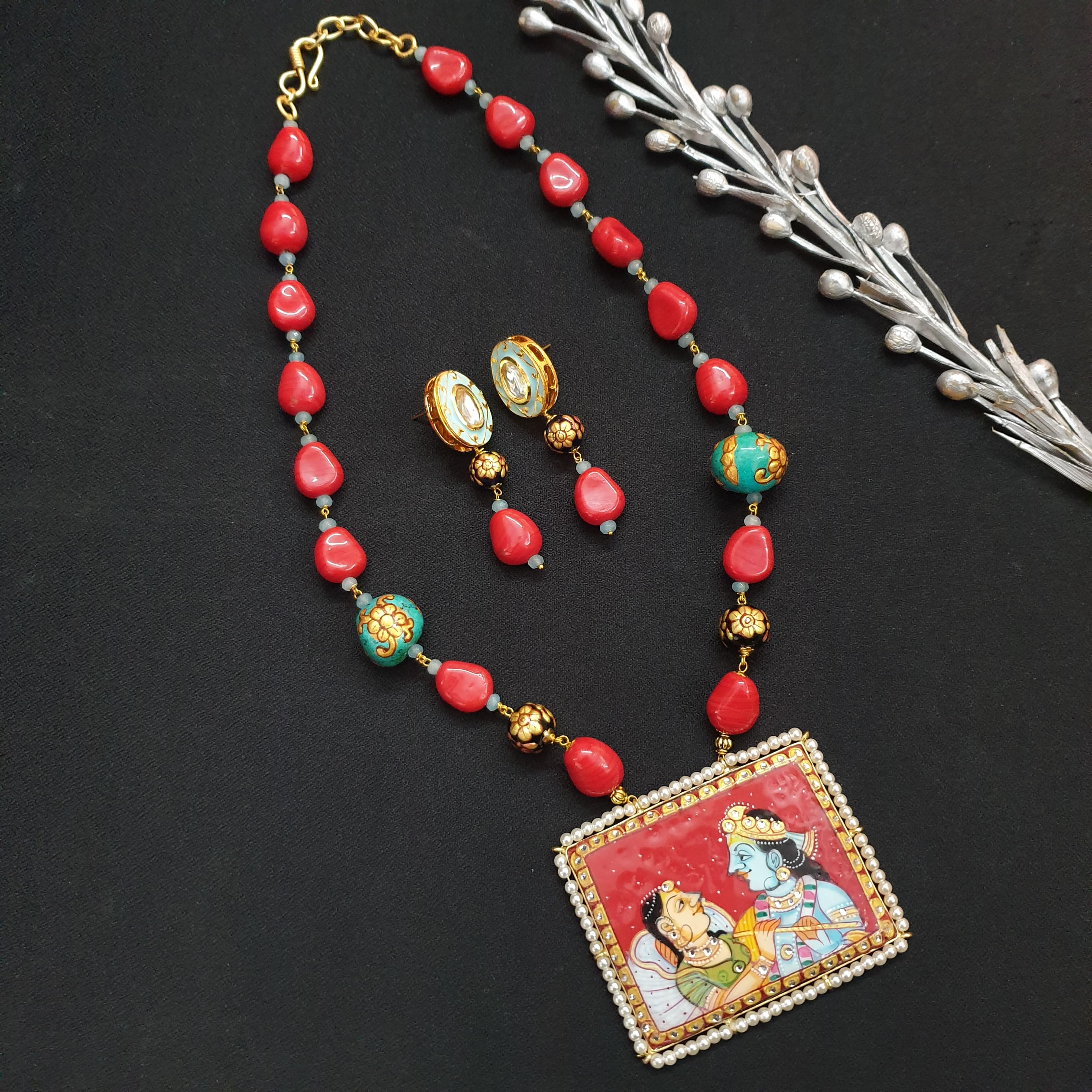 Red Stone Single Layer Handpainted Radha Krishna Pendant Set