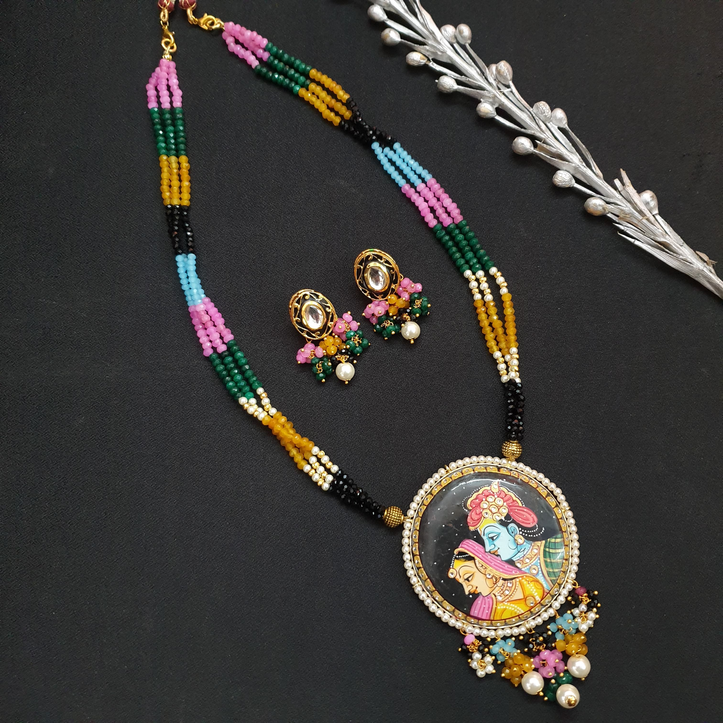 Multi Stone Handpainted Radha Krishna Set With Earrings