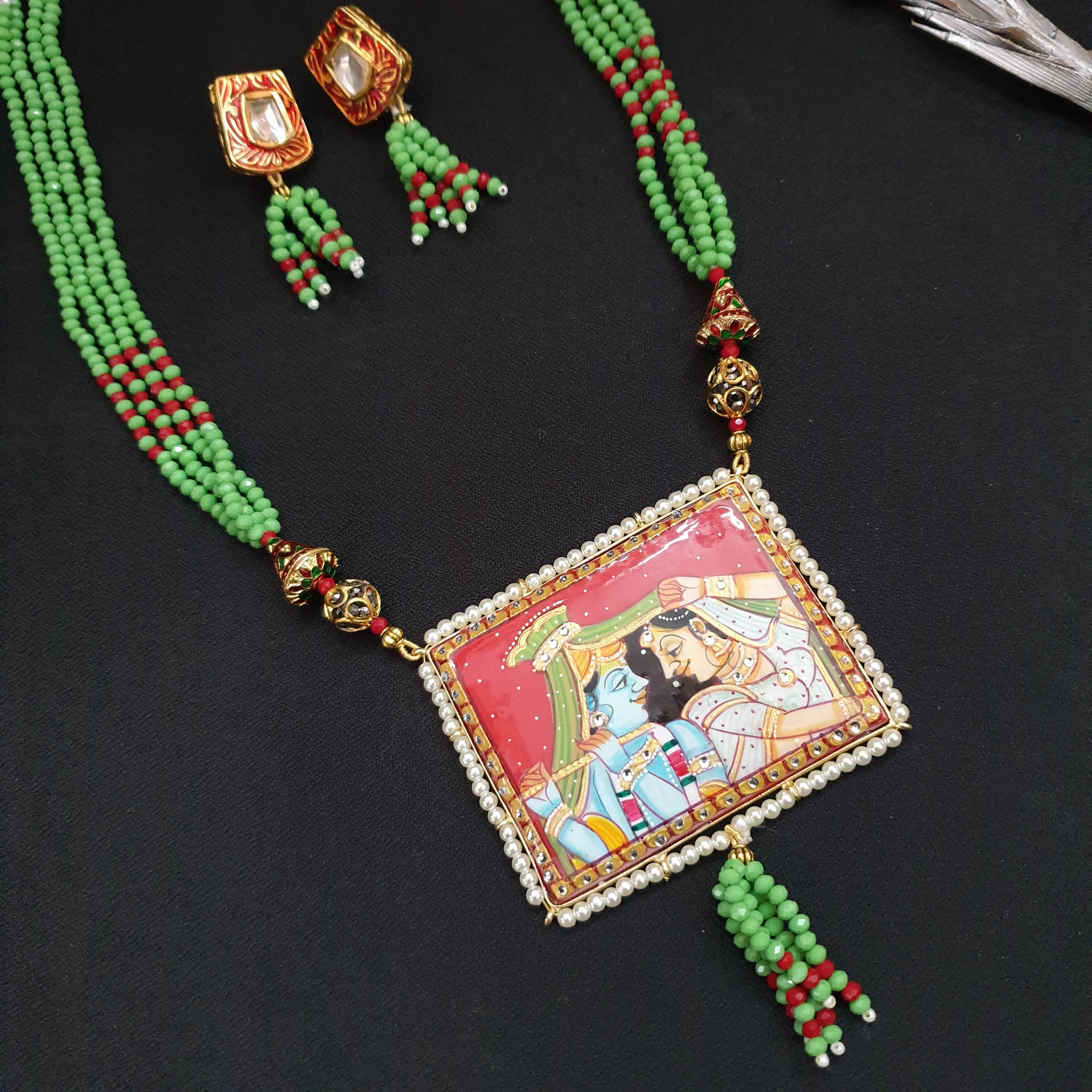 Green Stone Multi Layer Handpainted Radha Krishna Pendant Set