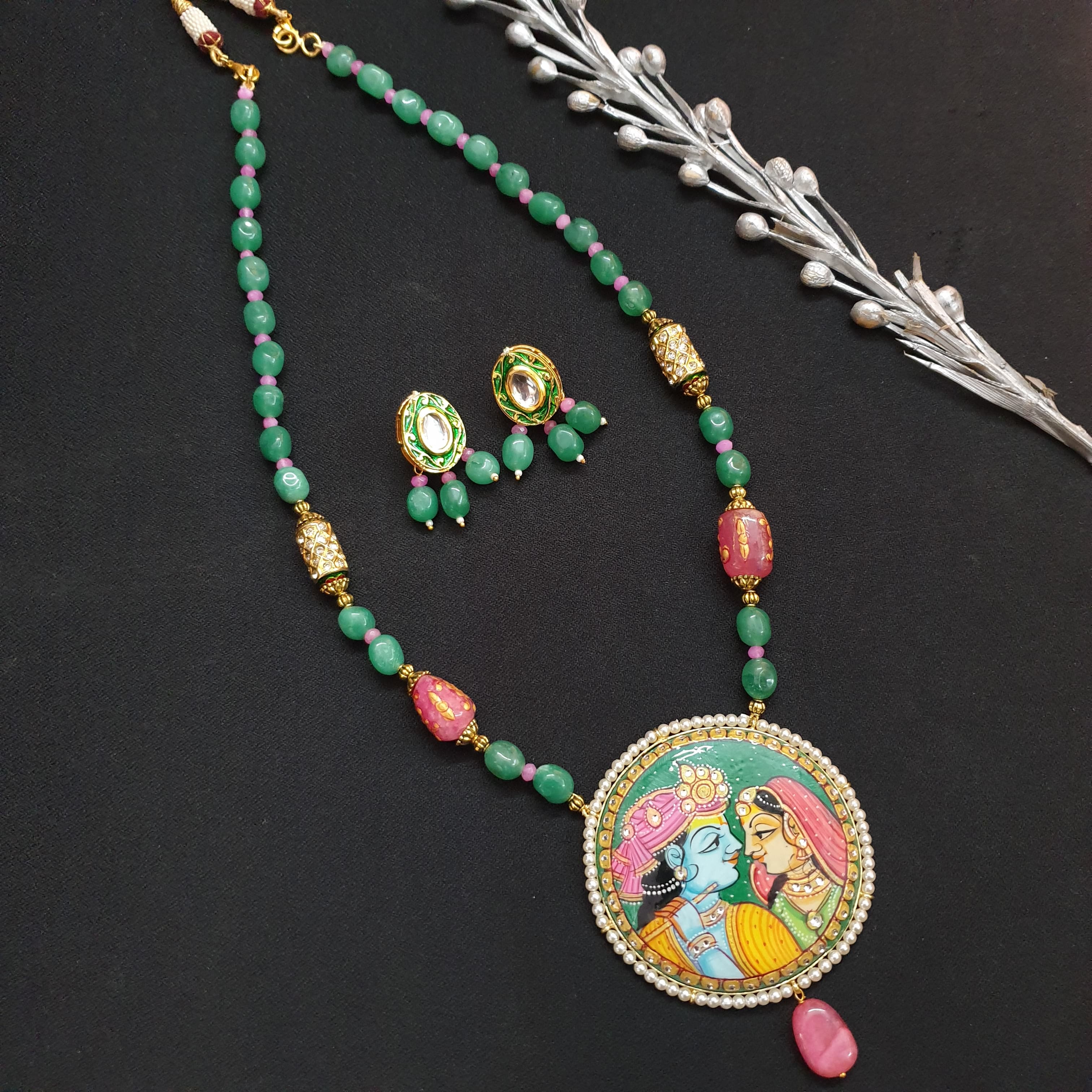 Green Stone Handpainted Radha Krishna Pendant Set