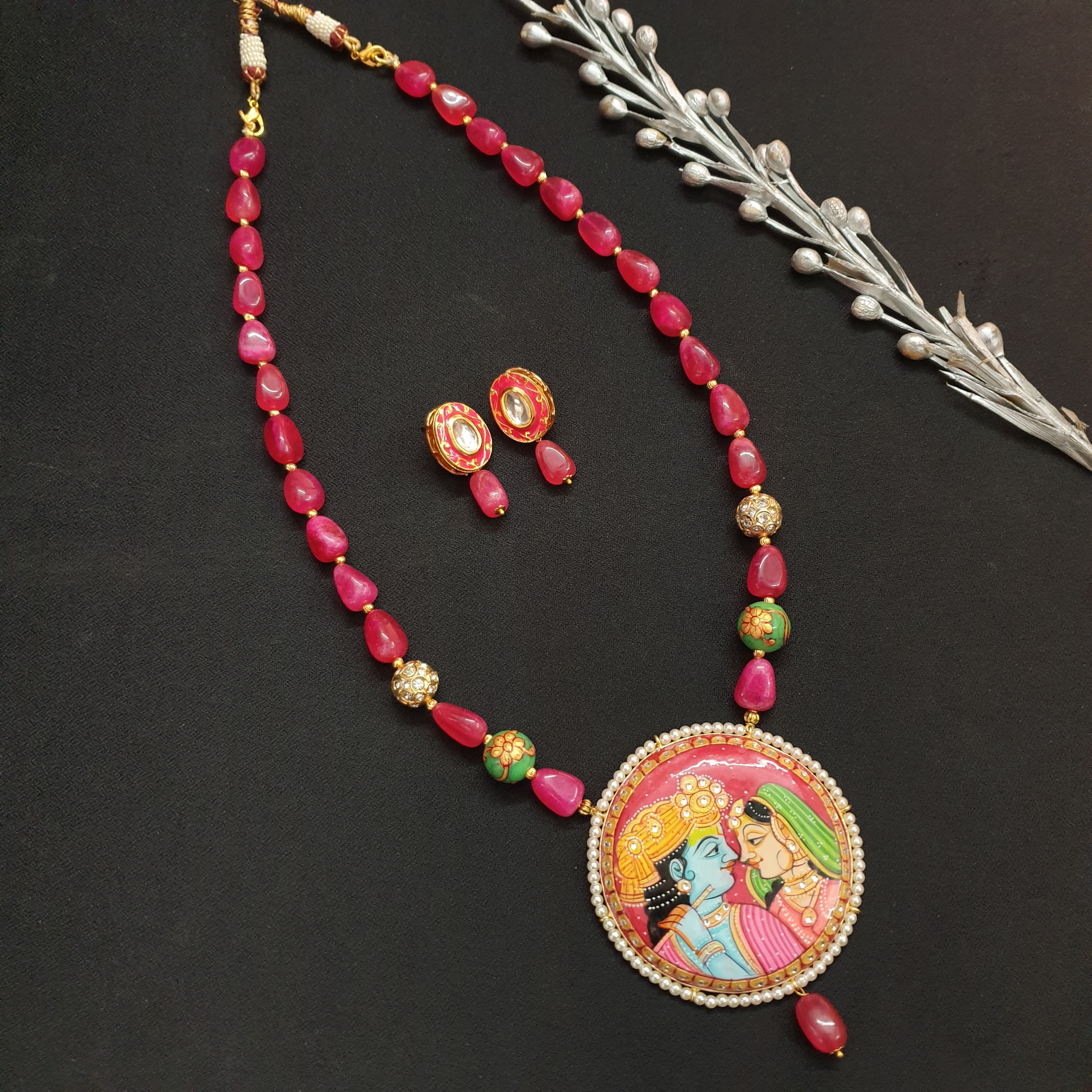 Hot Pink Stone Handpainted Radha Krishna Set With Earrings