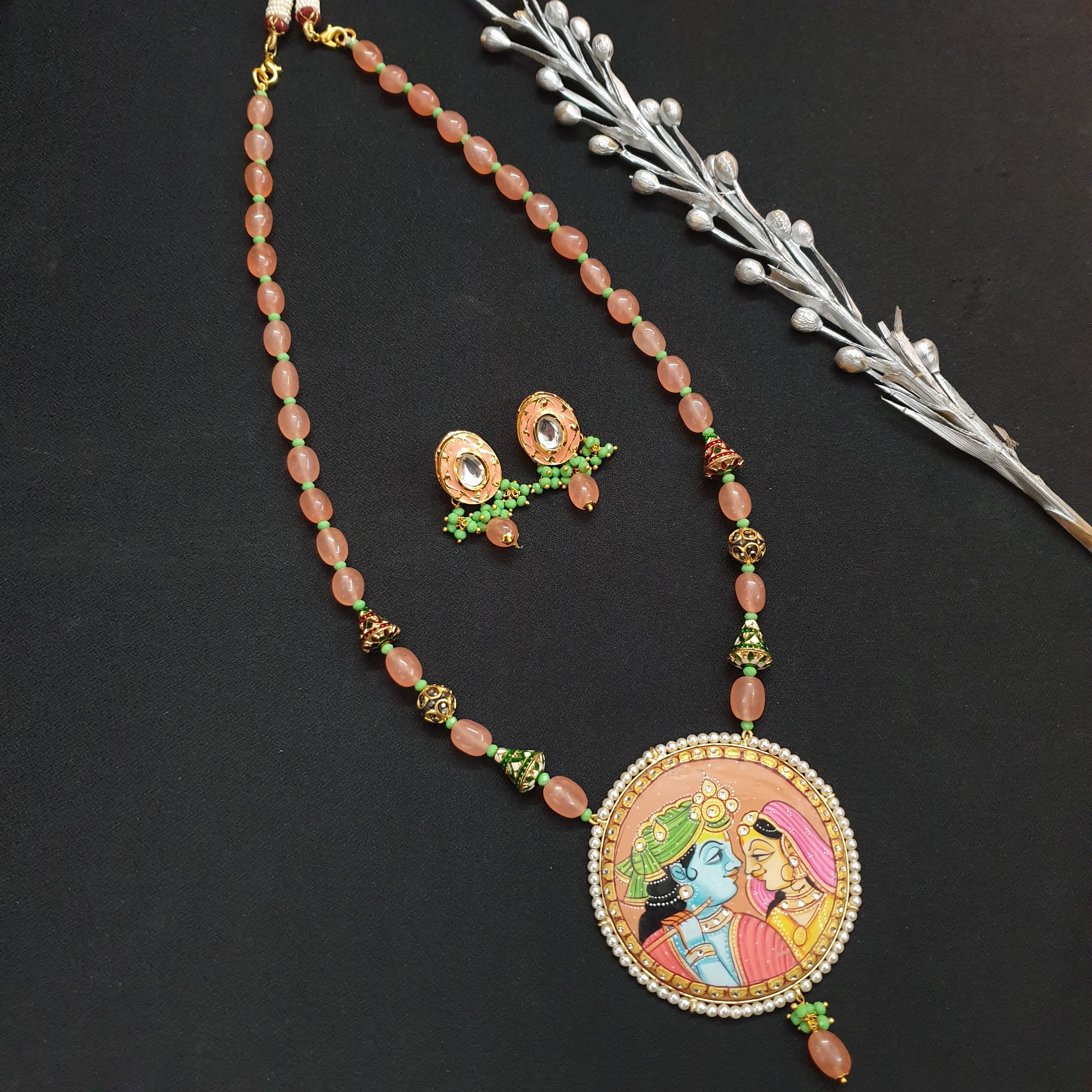 Peach Stone Handpainted Radha Krishna Set With Earrings