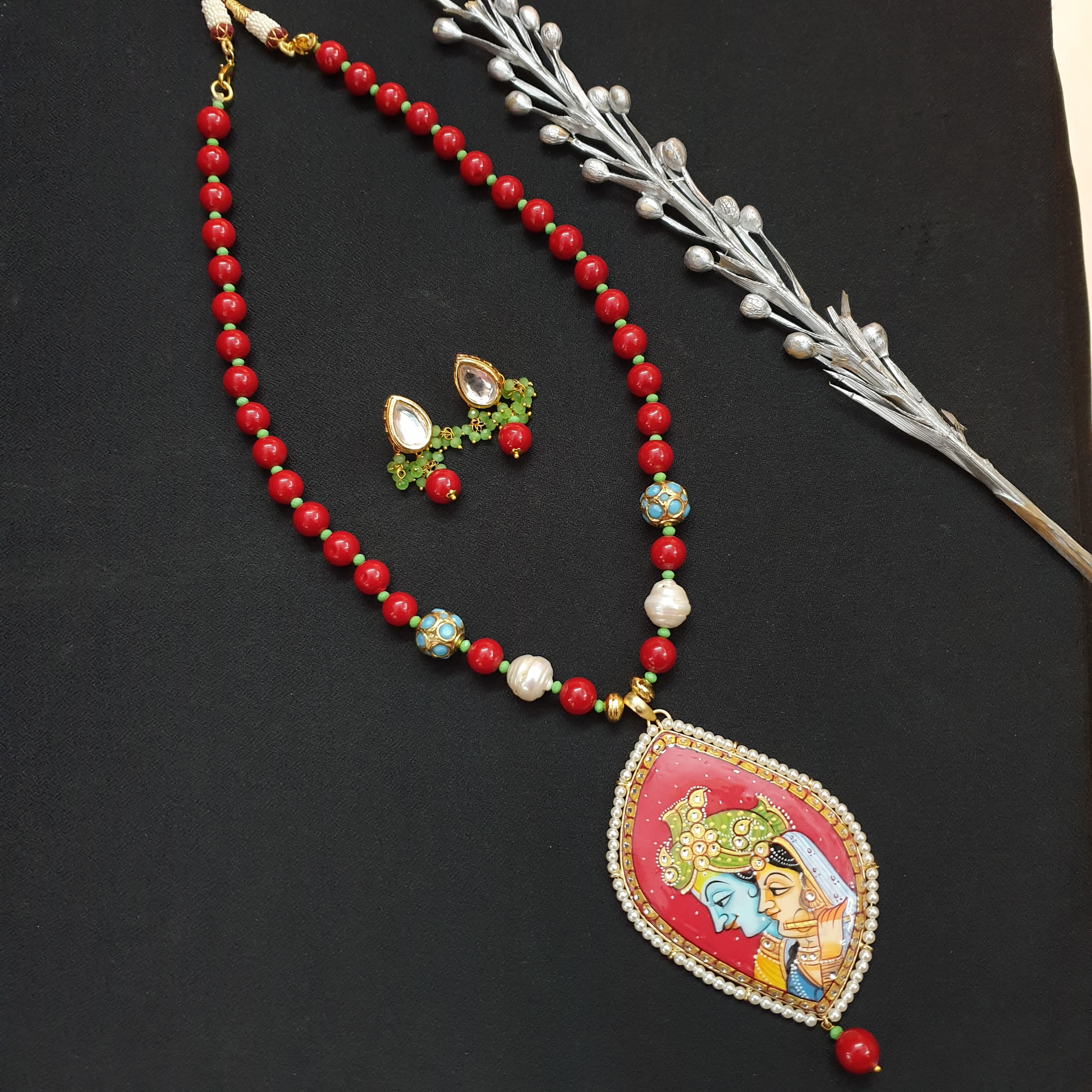 Red Stone Handpainted Radha Krishna Pendant Set