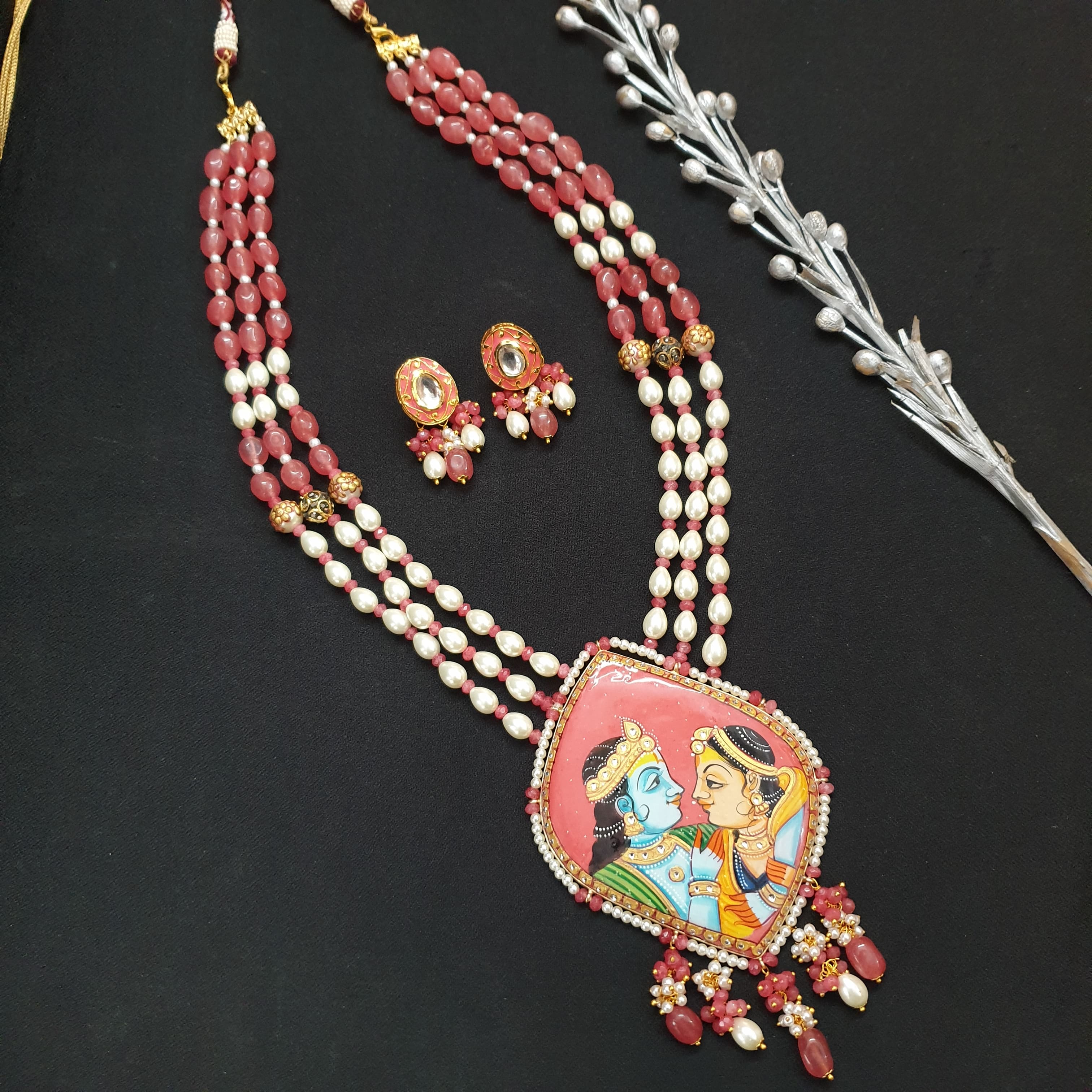 Red Stone Handpainted Radha Krishna Long Set With Earrings