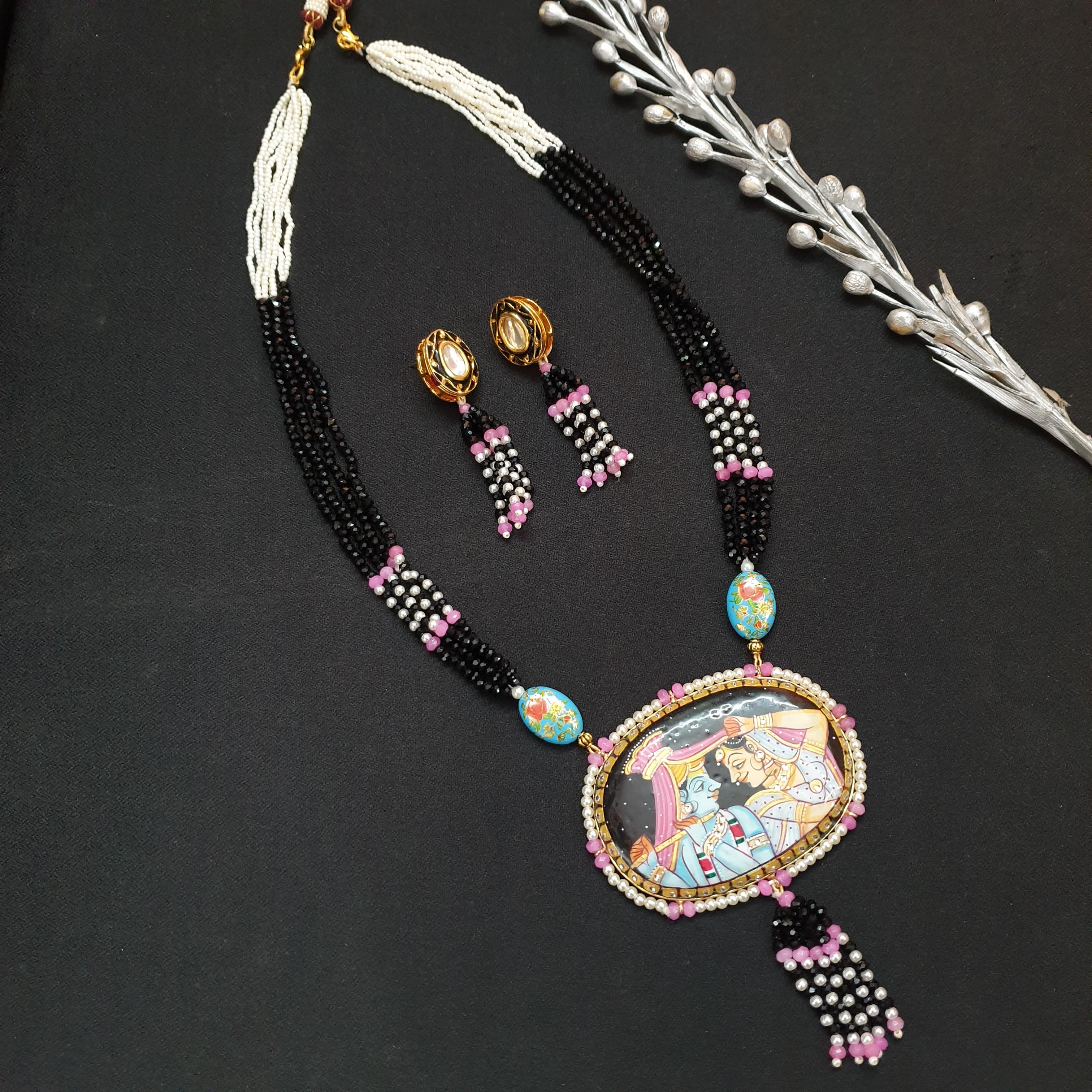 Black Beaded Handpainted Radha Krishna Set With Earrings