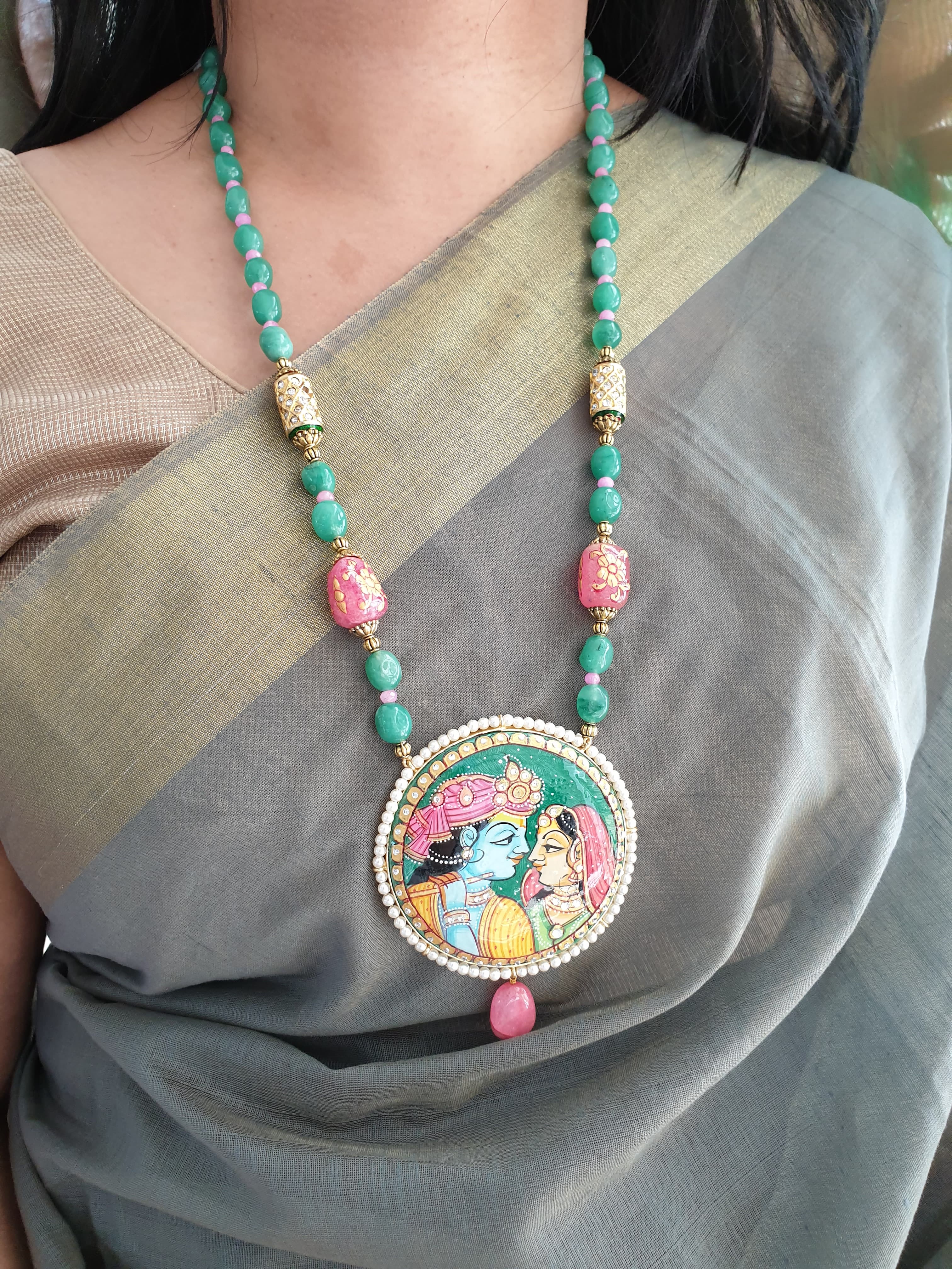 Green Stone Handpainted Radha Krishna Pendant Set