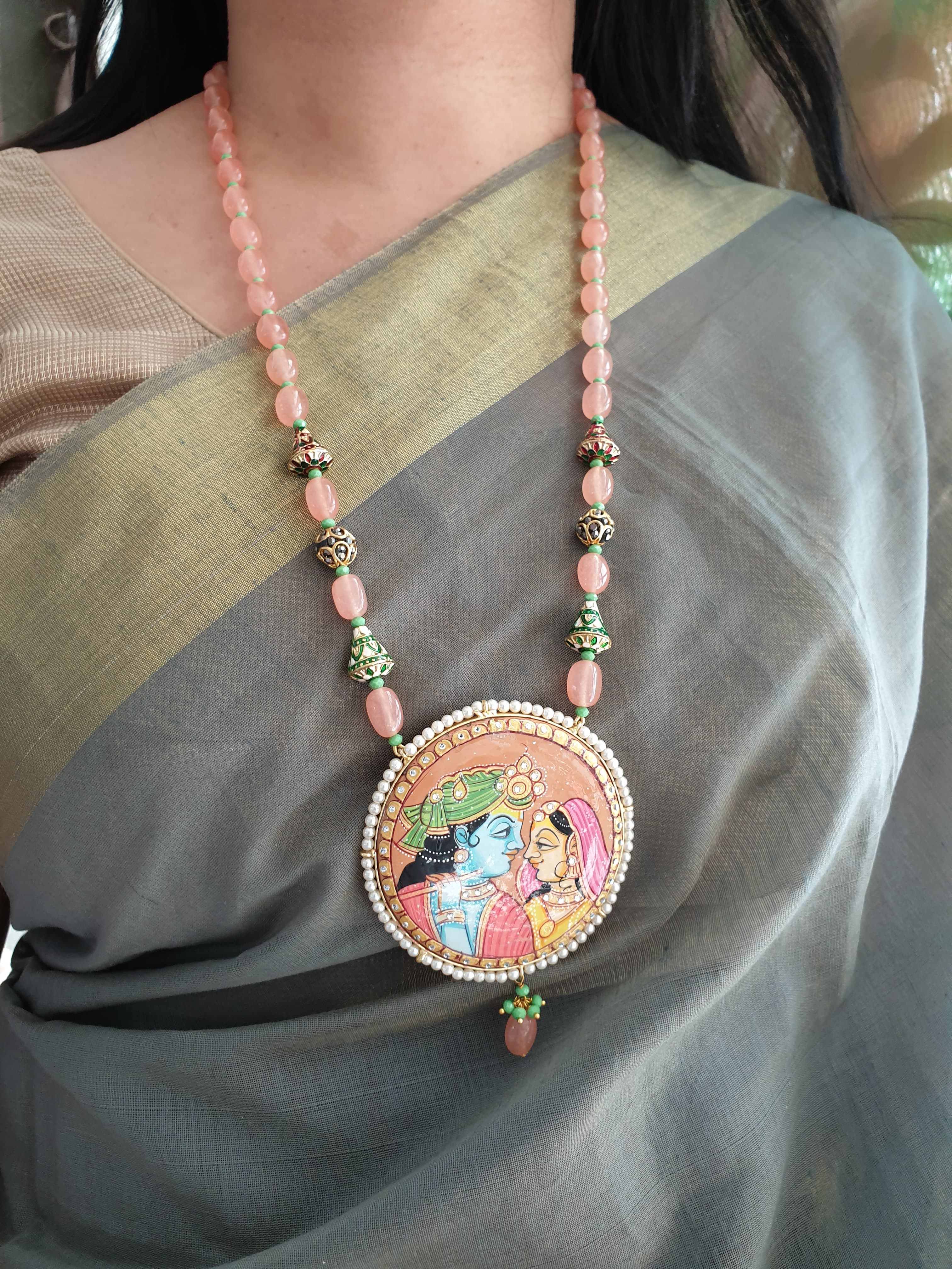 Peach Stone Handpainted Radha Krishna Set With Earrings