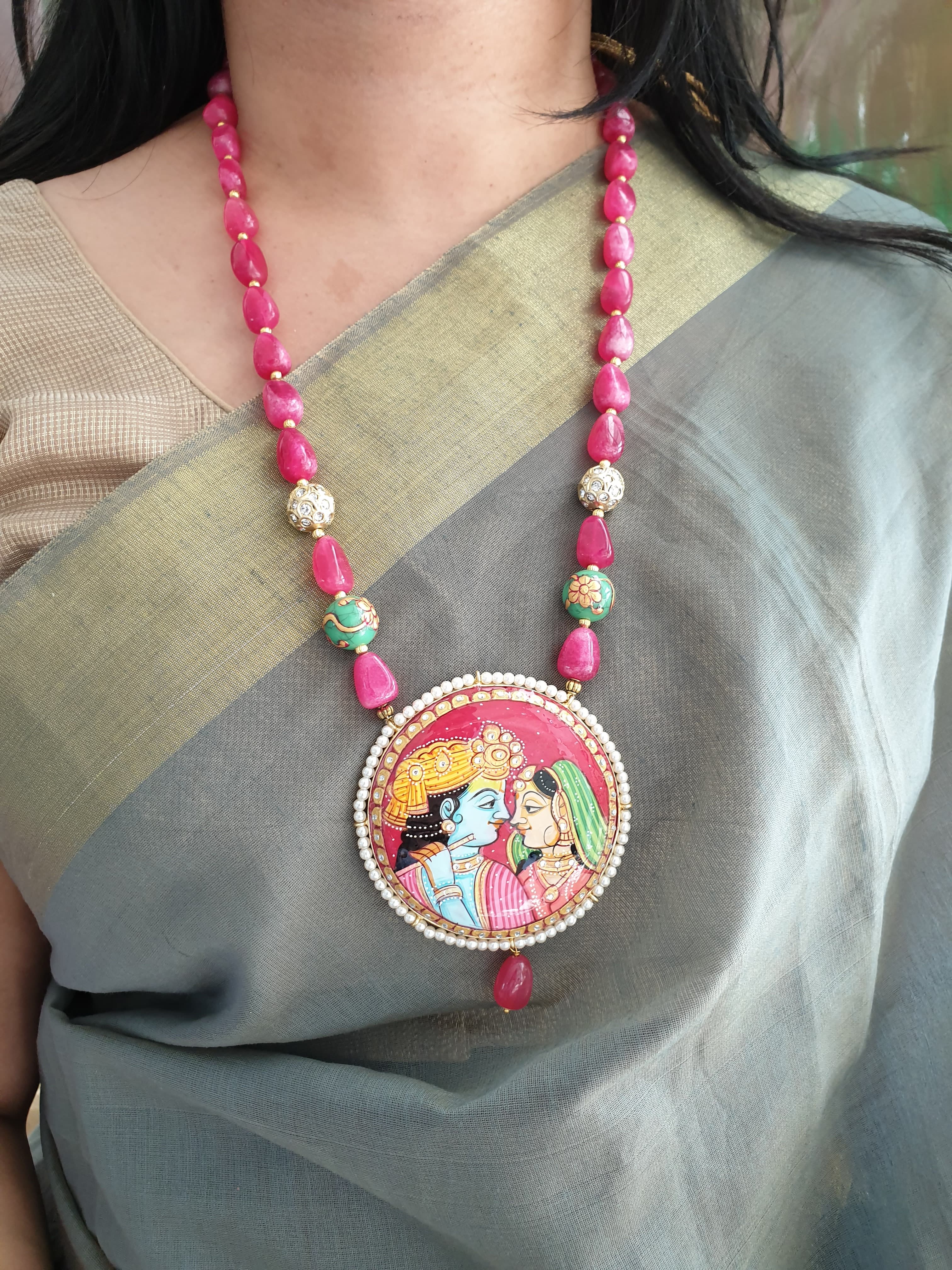 Hot Pink Stone Handpainted Radha Krishna Set With Earrings