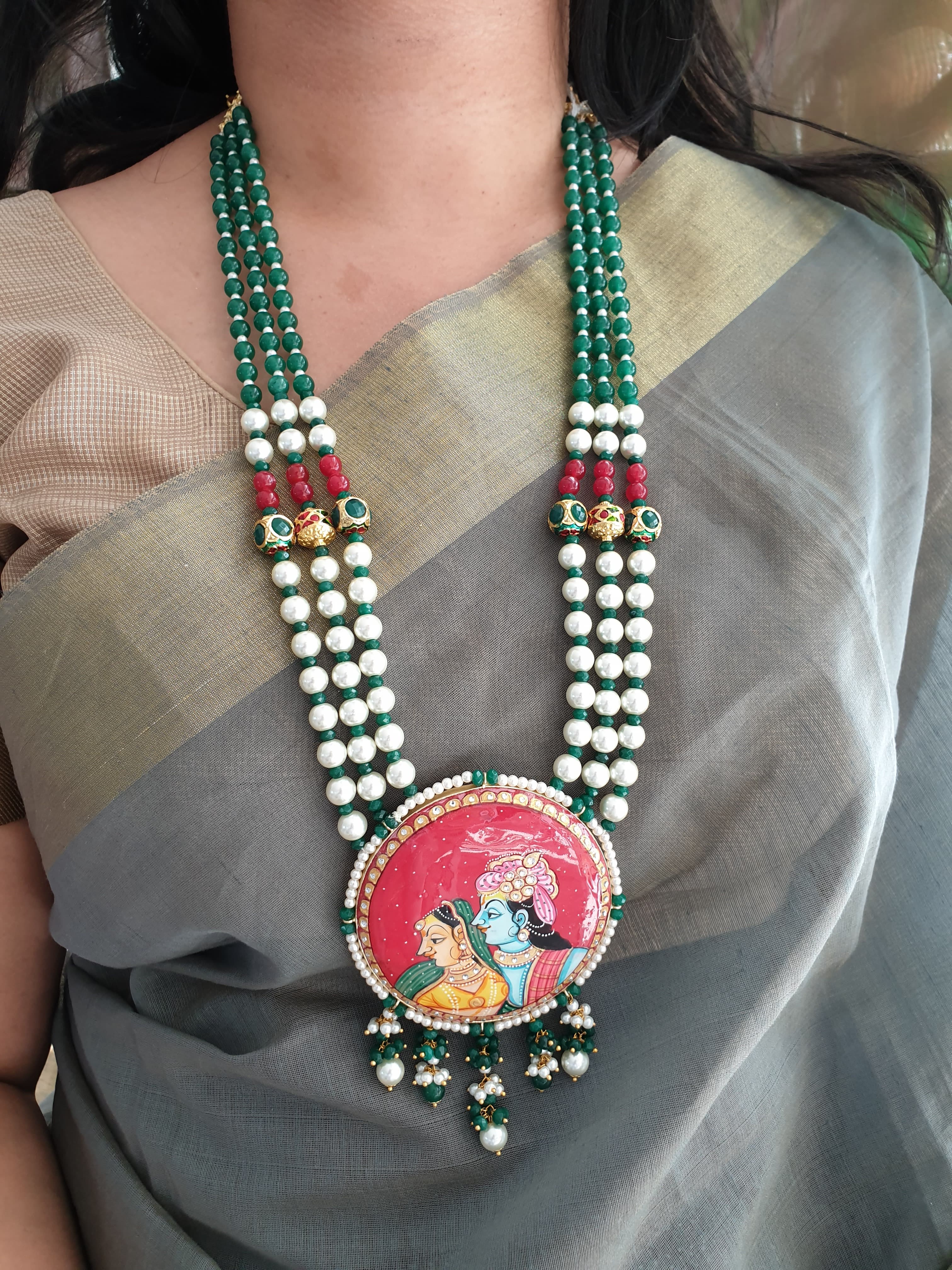 Green Stone Multi Pearl Layer Handpainted Radha Krishna Pendant Set