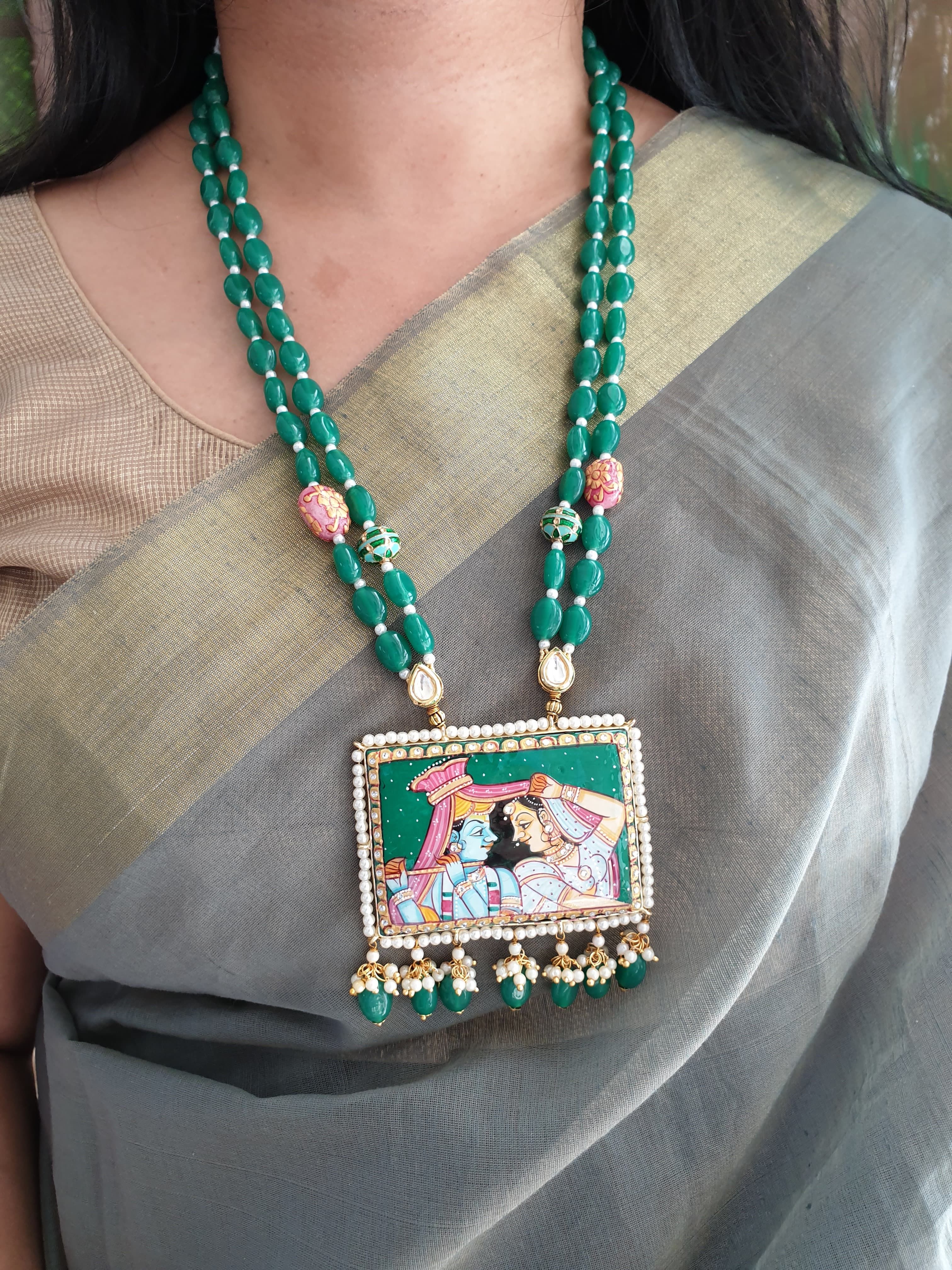 Green Stone Multi Layer Handpainted Radha Krishna Pendant Set