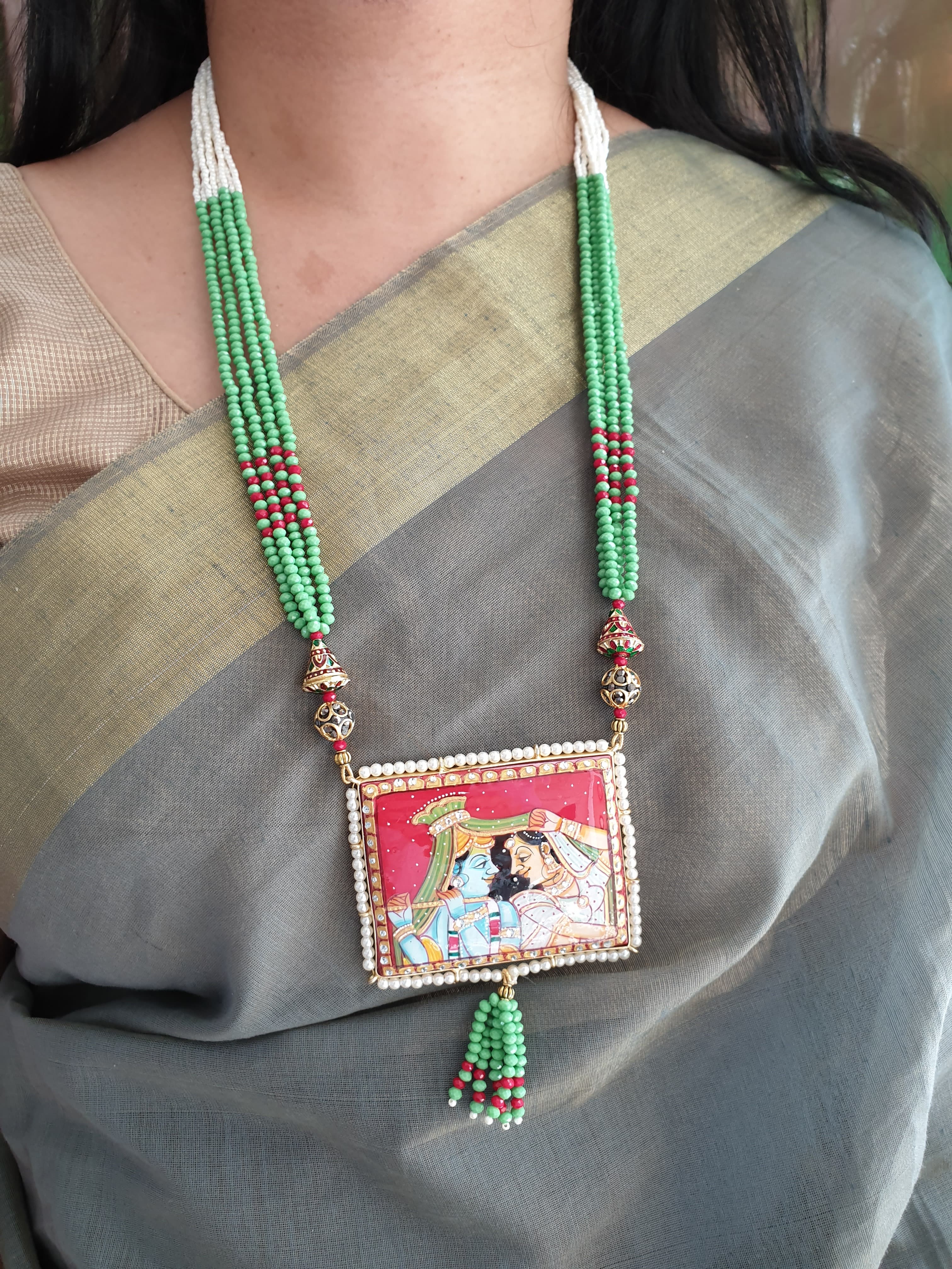 Green Stone Multi Layer Handpainted Radha Krishna Pendant Set