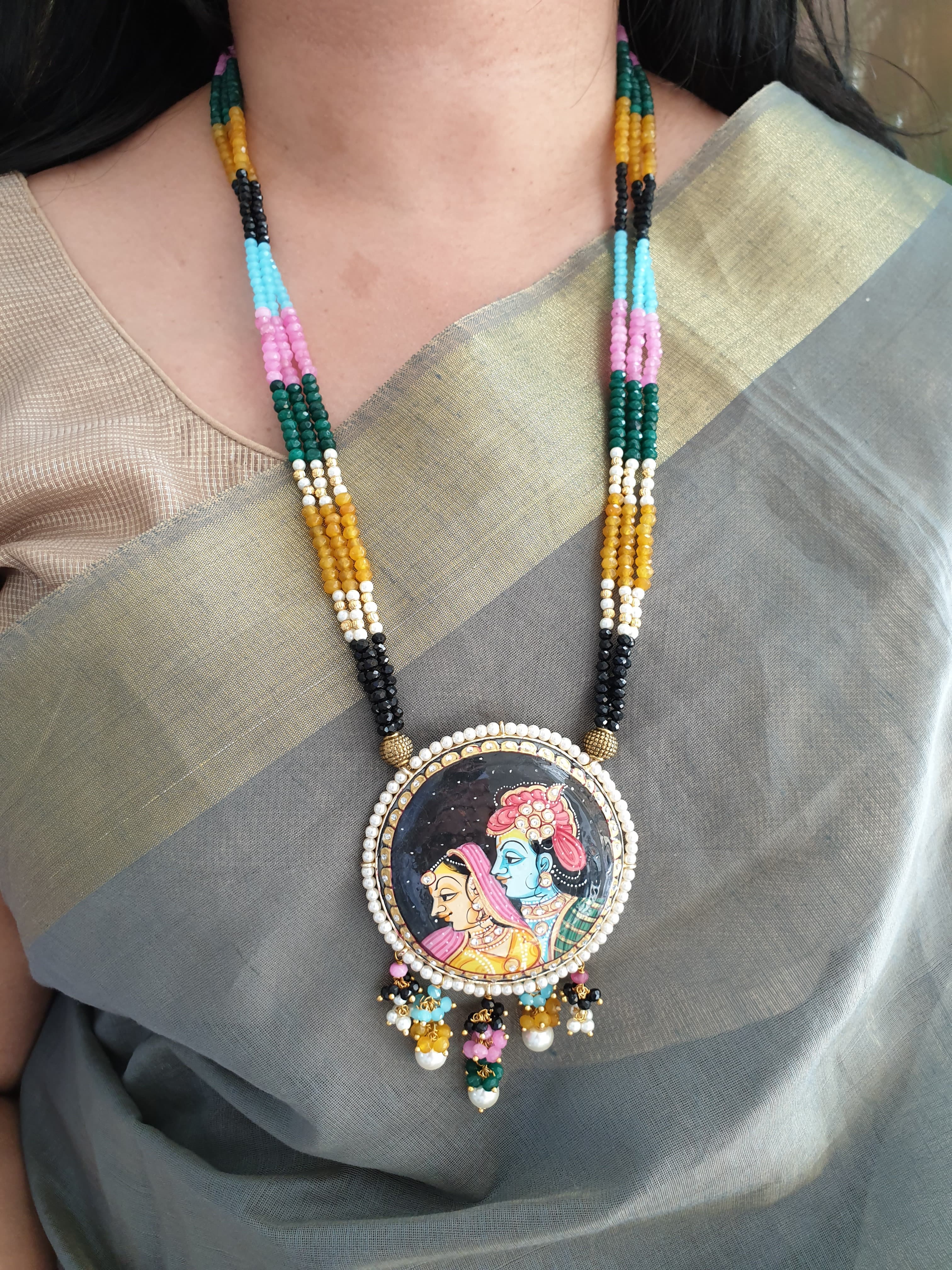 Multi Stone Handpainted Radha Krishna Set With Earrings