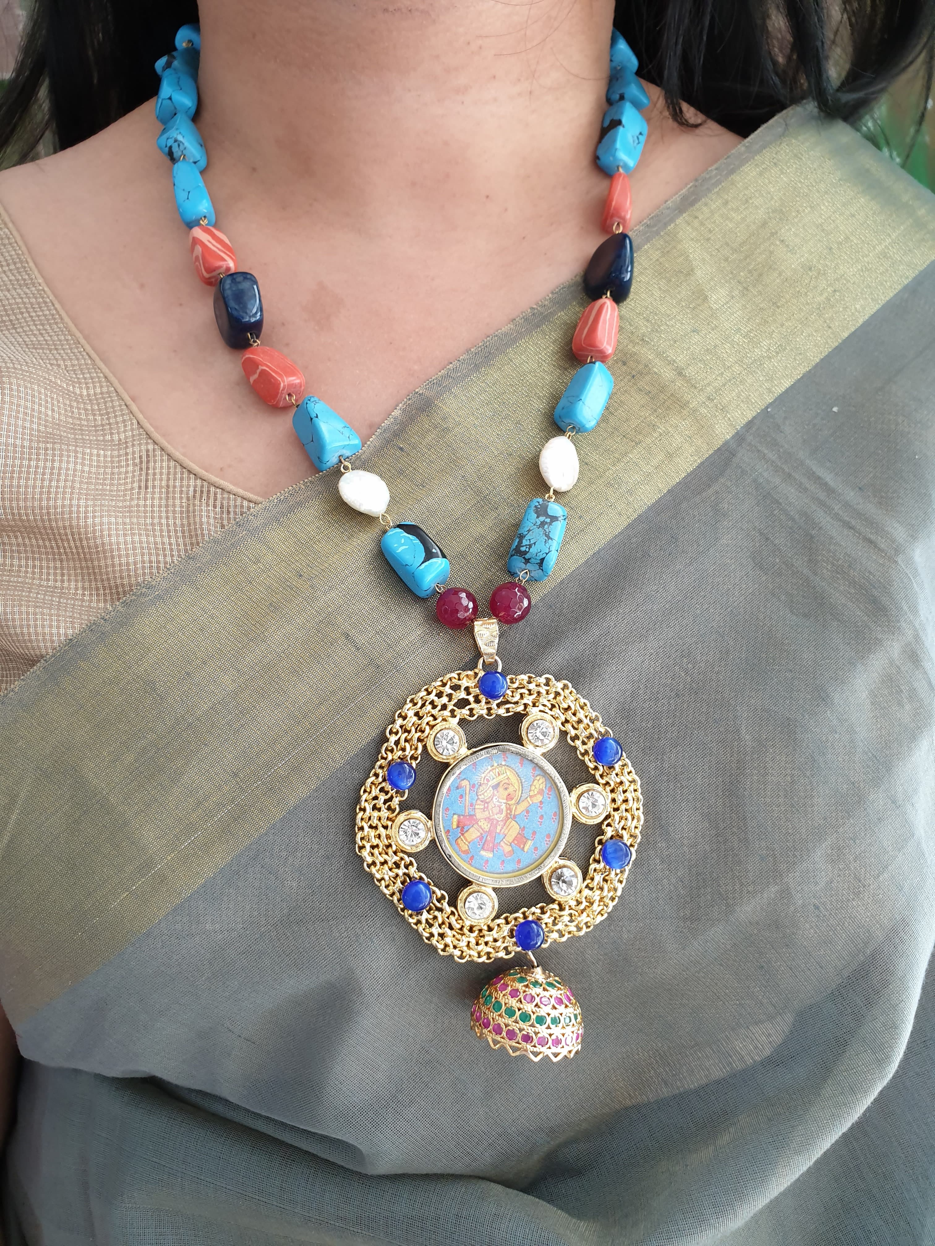 Turquoise Beaded Lord Hanuman Pendant Set With Earrings