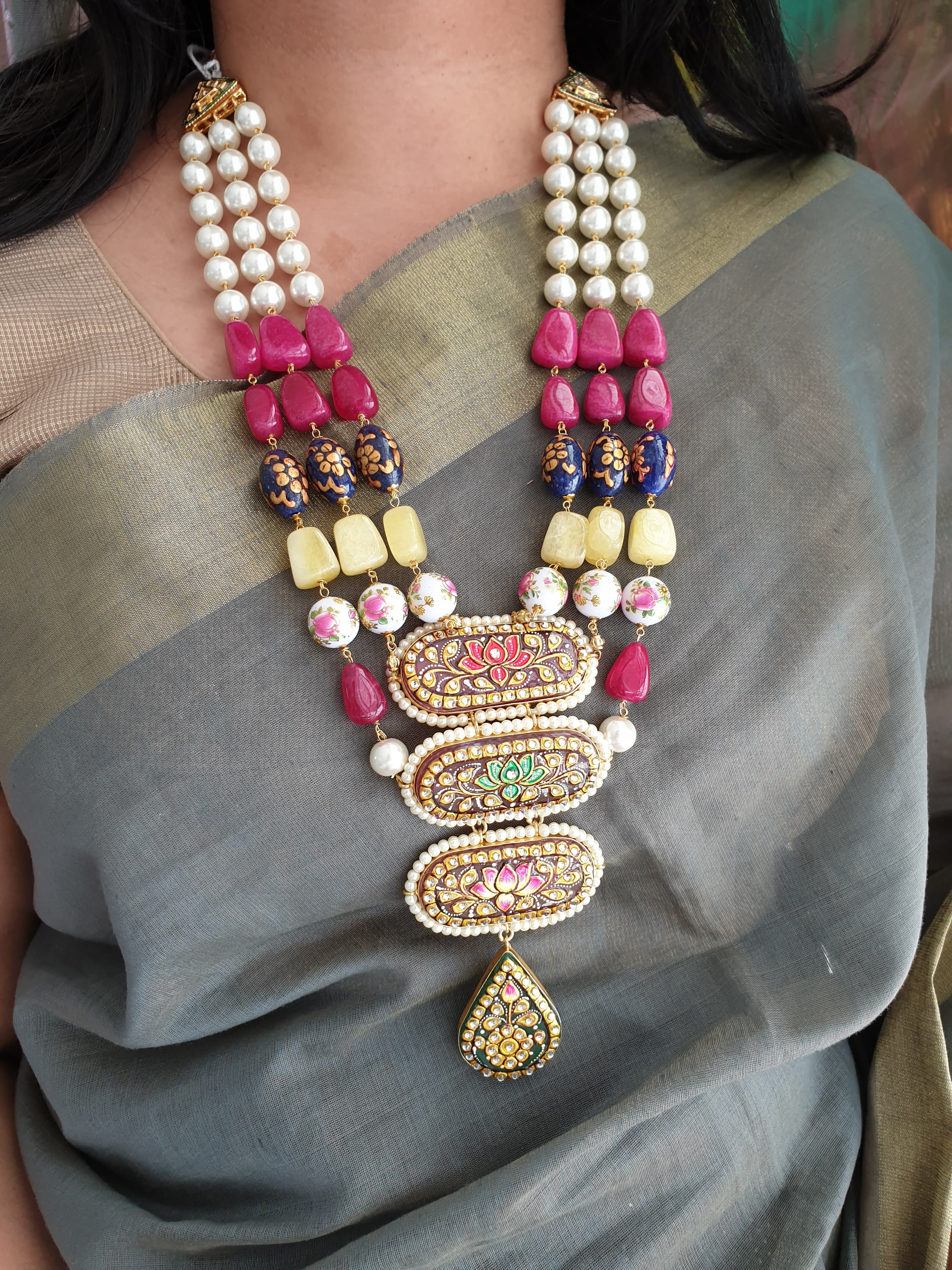 Designer Dark Pink Beaded Tanjore Work Layered Set